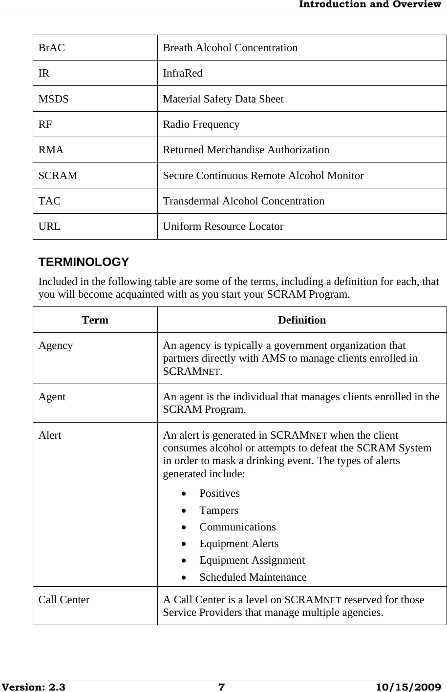 Introduction and Overview Version: 2.3  7  10/15/2009 BrAC  Breath Alcohol Concentration IR InfraRed MSDS  Material Safety Data Sheet RF Radio Frequency RMA  Returned Merchandise Authorization SCRAM  Secure Continuous Remote Alcohol Monitor TAC Transdermal Alcohol Concentration URL  Uniform Resource Locator TERMINOLOGY Included in the following table are some of the terms, including a definition for each, that you will become acquainted with as you start your SCRAM Program. Term Definition Agency  An agency is typically a government organization that partners directly with AMS to manage clients enrolled in SCRAMNET. Agent  An agent is the individual that manages clients enrolled in the SCRAM Program. Alert  An alert is generated in SCRAMNET when the client consumes alcohol or attempts to defeat the SCRAM System in order to mask a drinking event. The types of alerts generated include: • Positives • Tampers • Communications • Equipment Alerts • Equipment Assignment • Scheduled Maintenance Call Center  A Call Center is a level on SCRAMNET reserved for those Service Providers that manage multiple agencies. 
