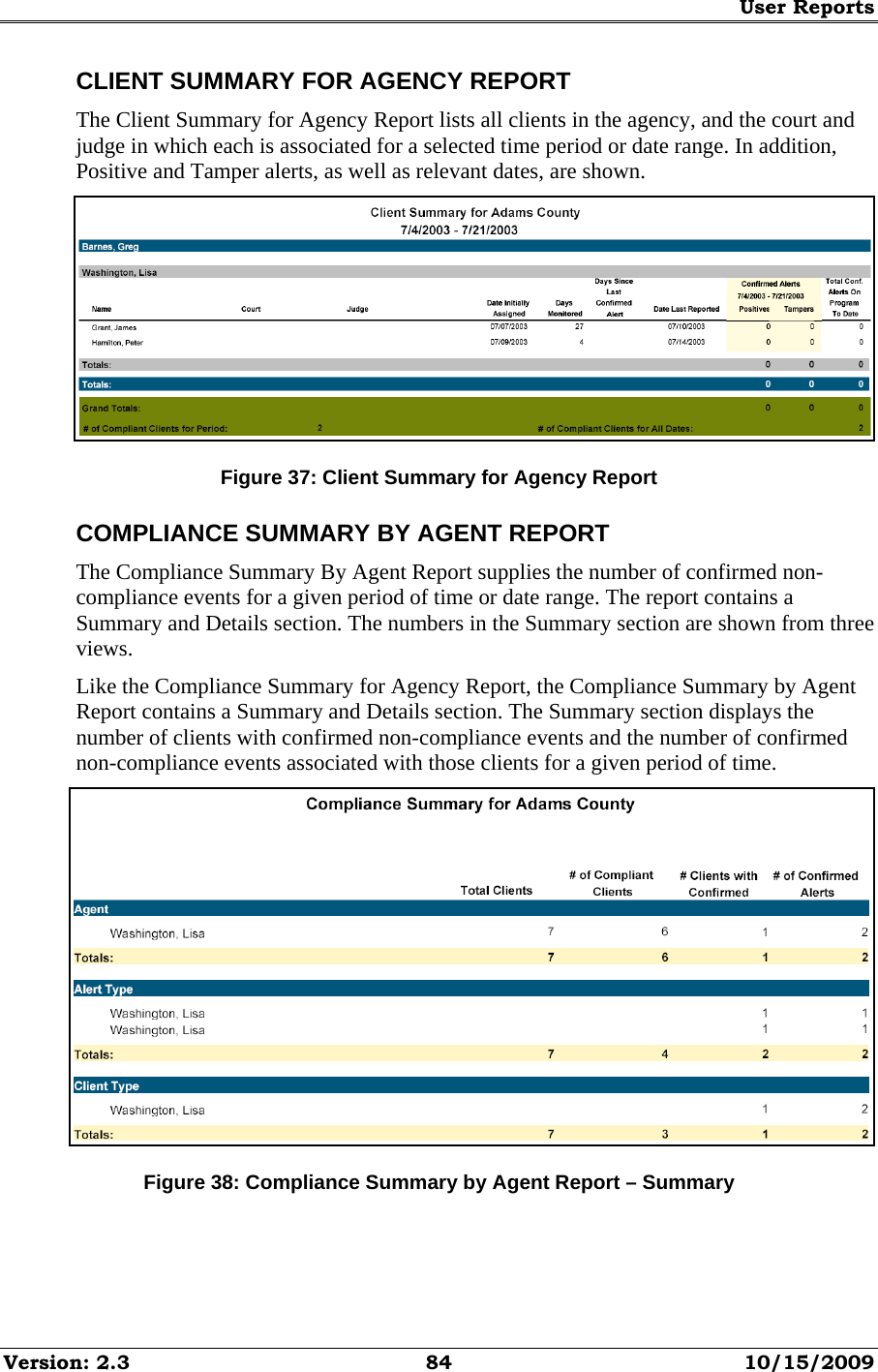 User Reports Version: 2.3  84  10/15/2009 CLIENT SUMMARY FOR AGENCY REPORT The Client Summary for Agency Report lists all clients in the agency, and the court and judge in which each is associated for a selected time period or date range. In addition, Positive and Tamper alerts, as well as relevant dates, are shown.  Figure 37: Client Summary for Agency Report COMPLIANCE SUMMARY BY AGENT REPORT The Compliance Summary By Agent Report supplies the number of confirmed non-compliance events for a given period of time or date range. The report contains a Summary and Details section. The numbers in the Summary section are shown from three views. Like the Compliance Summary for Agency Report, the Compliance Summary by Agent Report contains a Summary and Details section. The Summary section displays the number of clients with confirmed non-compliance events and the number of confirmed non-compliance events associated with those clients for a given period of time.  Figure 38: Compliance Summary by Agent Report – Summary 
