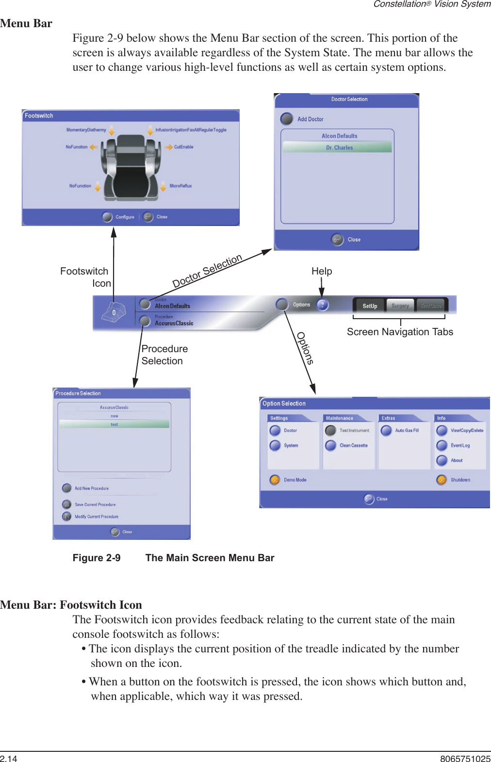 2.14  8065751025Constellation® Vision SystemMenu BarFigure 2-9 below shows the Menu Bar section of the screen. This portion of the screen is always available regardless of the System State. The menu bar allows the user to change various high-level functions as well as certain system options.Menu Bar: Footswitch IconThe Footswitch icon provides feedback relating to the current state of the main console footswitch as follows:• The icon displays the current position of the treadle indicated by the number shown on the icon.• When a button on the footswitch is pressed, the icon shows which button and, when applicable, which way it was pressed.Figure 2-9  The Main Screen Menu BarProcedureSelectionOptionsHelpScreen Navigation TabsFootswitchIconDoctor Selection