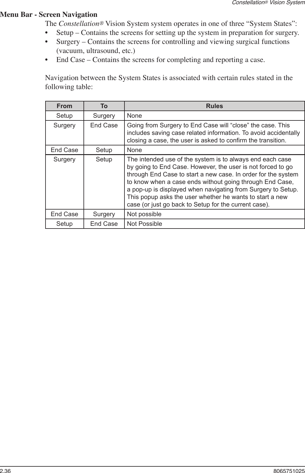 2.36  8065751025Constellation® Vision SystemMenu Bar - Screen NavigationThe Constellation® Vision System system operates in one of three “System States”:Setup – Contains the screens for setting up the system in preparation for surgery.Surgery – Contains the screens for controlling and viewing surgical functions (vacuum, ultrasound, etc.)End Case – Contains the screens for completing and reporting a case.Navigation between the System States is associated with certain rules stated in the following table:From To RulesSetup Surgery NoneSurgery End Case Going from Surgery to End Case will “close” the case. This includes saving case related information. To avoid accidentally closing a case, the user is asked to confirm the transition.End Case Setup NoneSurgery Setup The intended use of the system is to always end each case by going to End Case. However, the user is not forced to go through End Case to start a new case. In order for the system to know when a case ends without going through End Case, a pop-up is displayed when navigating from Surgery to Setup. This popup asks the user whether he wants to start a new case (or just go back to Setup for the current case).End Case Surgery Not possibleSetup End Case Not Possible•••