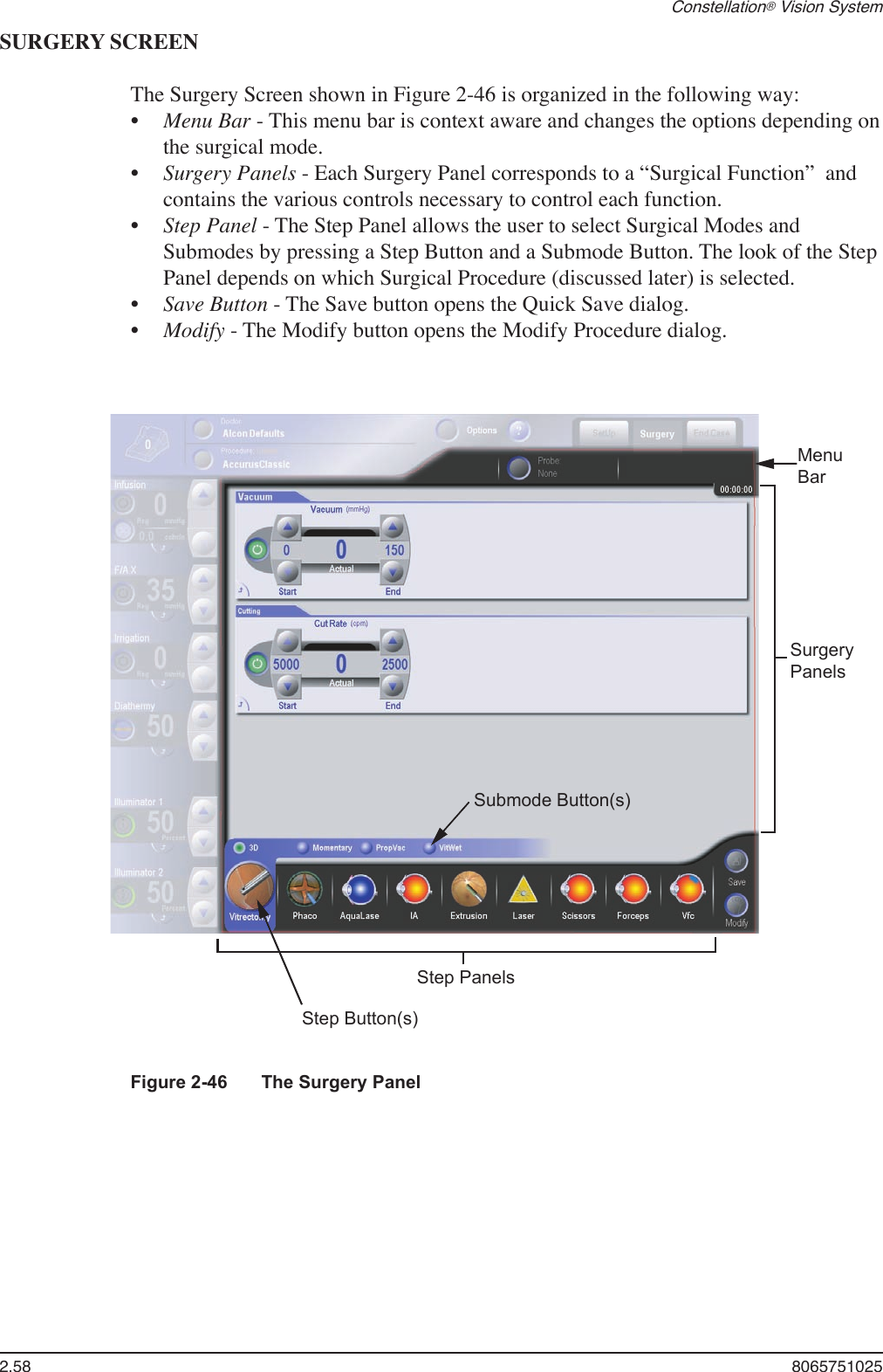 2.58  8065751025Constellation® Vision SystemSURGERY SCREENThe Surgery Screen shown in Figure 2-46 is organized in the following way:Menu Bar - This menu bar is context aware and changes the options depending on the surgical mode. Surgery Panels - Each Surgery Panel corresponds to a “Surgical Function”  and contains the various controls necessary to control each function.Step Panel - The Step Panel allows the user to select Surgical Modes and Submodes by pressing a Step Button and a Submode Button. The look of the Step Panel depends on which Surgical Procedure (discussed later) is selected.Save Button - The Save button opens the Quick Save dialog.  Modify - The Modify button opens the Modify Procedure dialog. •••••MenuBarSurgeryPanelsStep PanelsStep Button(s)Submode Button(s)Figure 2-46  The Surgery Panel