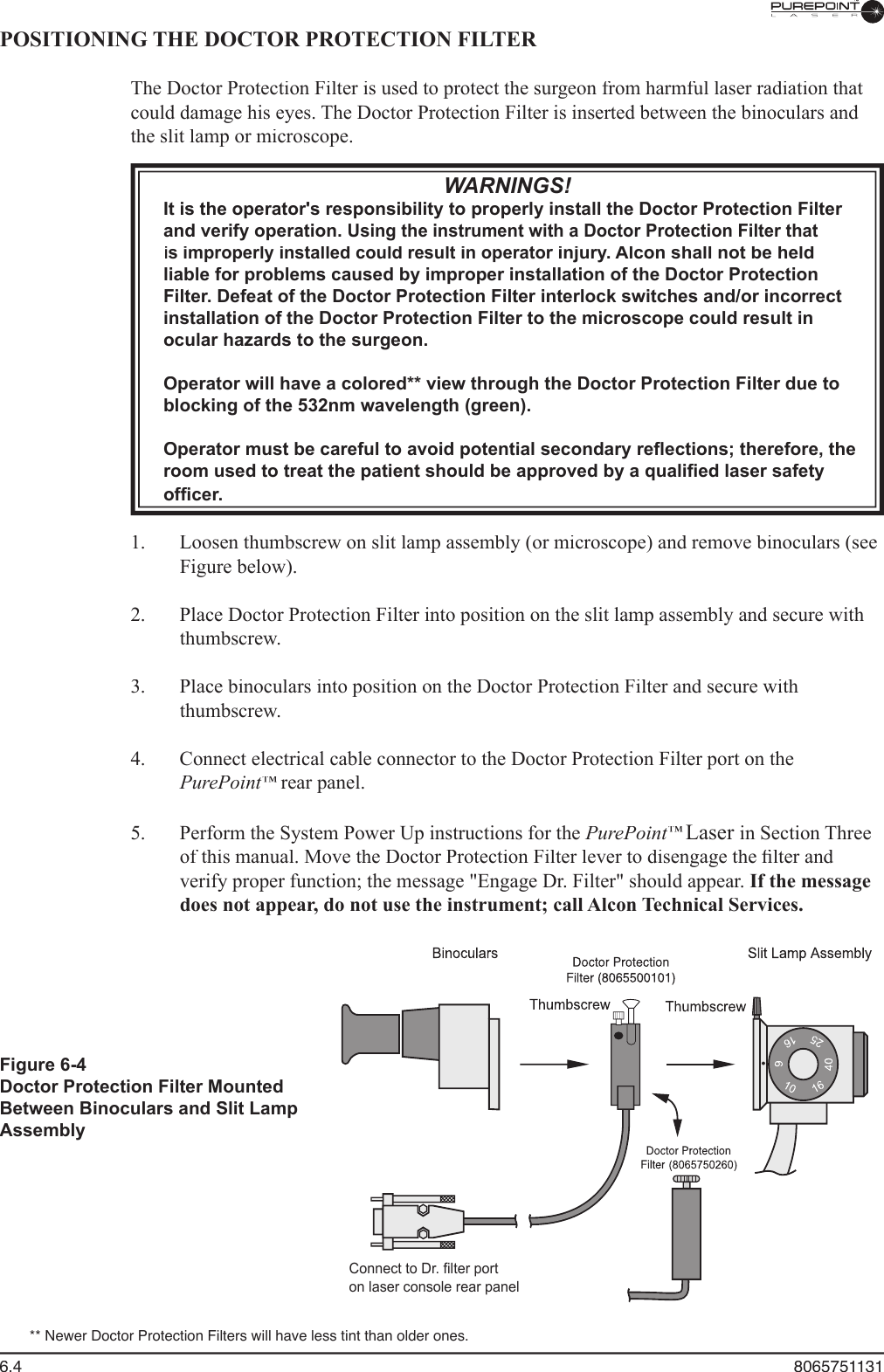 6.4  8065751131Figure 6-4Doctor Protection Filter Mounted Between Binoculars and Slit Lamp AssemblyConnect to Dr. filter porton laser console rear panel** Newer Doctor Protection Filters will have less tint than older ones.POSITIONING THE DOCTOR PROTECTION FILTER  The Doctor Protection Filter is used to protect the surgeon from harmful laser radiation that could damage his eyes. The Doctor Protection Filter is inserted between the binoculars and the slit lamp or microscope.WARNINGS!It is the operator&apos;s responsibility to properly install the Doctor Protection Filter and verify operation. Using the instrument with a Doctor Protection Filter that is improperly installed could result in operator injury. Alcon shall not be held is improperly installed could result in operator injury. Alcon shall not be held is improperly installed could result in operatorliable for problems caused by improper installation of the Doctor Protection Filter. Defeat of the Doctor Protection Filter interlock switches and/or incorrect installation of the Doctor Protection Filter to the microscope could result in ocular hazards to the surgeon.Operator will have a colored** view through the Doctor Protection Filter due to blocking of the 532nm wavelength (green).Operator must be careful to avoid potential secondary reﬂ ections; therefore, the room used to treat the patient should be approved by a qualiﬁ ed laser safety ofﬁ cer.  1.  Loosen thumbscrew on slit lamp assembly (or microscope) and remove binoculars (see Figure below).  2.  Place Doctor Protection Filter into position on the slit lamp assembly and secure with thumbscrew.  3.  Place binoculars into position on the Doctor Protection Filter and secure with thumbscrew.  4.  Connect electrical cable connector to the Doctor Protection Filter port on the PurePoint™ rear panel.™ rear panel.™  5.  Perform the System Power Up instructions for the PurePoint™Laser in Section Three of this manual. Move the Doctor Protection Filter lever to disengage the ﬁ lter and verify proper function; the message &quot;Engage Dr. Filter&quot; should appear. If the message does not appear, do not use the instrument; call Alcon Technical Services.