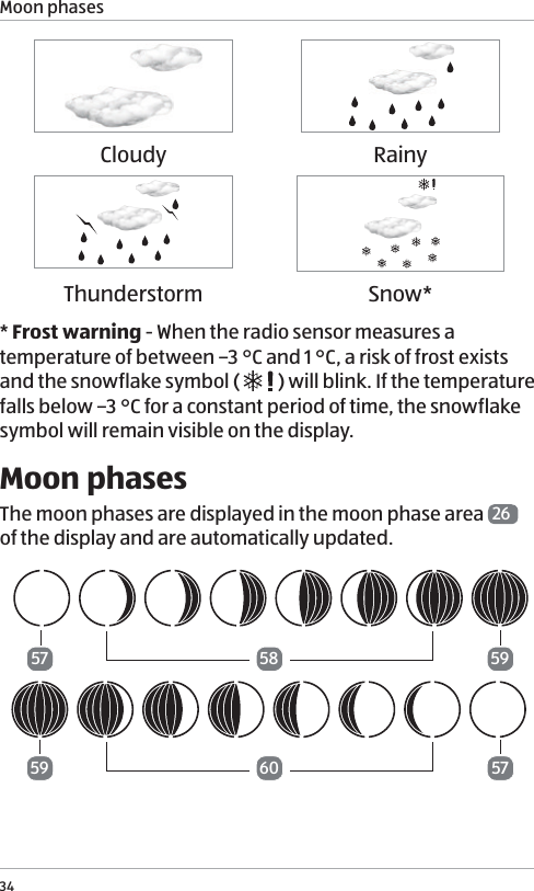 Moon phases34Cloudy RainyThunderstorm Snow** Frost warning - When the radio sensor measures a temperature of between &ndash;3 &deg;C and 1 &deg;C, a risk of frost exists and the snowflake symbol (   ) will blink. If the temperature falls below &ndash;3 &deg;C for a constant period of time, the snowflake symbol will remain visible on the display. Moon phasesThe moon phases are displayed in the moon phase area  26  of the display and are automatically updated.575759595860