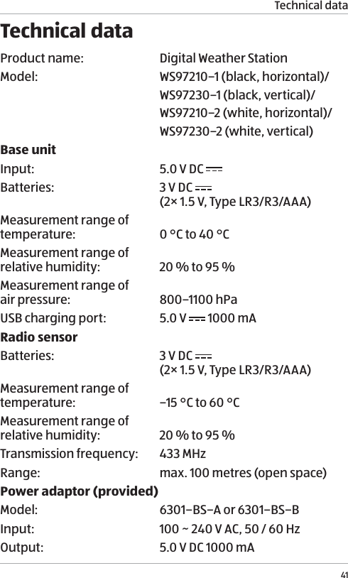 Technical data41Technical dataProduct name: Digital Weather StationModel: WS97210&ndash;1 (black, horizontal)/WS97230&ndash;1 (black, vertical)/ WS97210&ndash;2 (white, horizontal)/WS97230&ndash;2 (white, vertical)Base unitInput: 5.0 V DC Batteries: 3 V DC   (2&times; 1.5 V, Type LR3/R3/AAA) Measurement range of temperature: 0 &deg;C to 40 &deg;CMeasurement range of relative humidity: 20 % to 95 % Measurement range of  air pressure: 800&ndash;1100 hPaUSB charging port: 5.0 V   1000 mARadio sensorBatteries: 3 V DC   (2&times; 1.5 V, Type LR3/R3/AAA)Measurement range of temperature: &ndash;15 &deg;C to 60 &deg;CMeasurement range of  relative humidity: 20 % to 95 % Transmission frequency: 433 MHzRange: max. 100 metres (open space)Power adaptor (provided)Model: 6301&ndash;BS&ndash;A or 6301&ndash;BS&ndash;BInput: 100 ~ 240 V AC, 50 / 60 HzOutput:  5.0V DC 1000mA