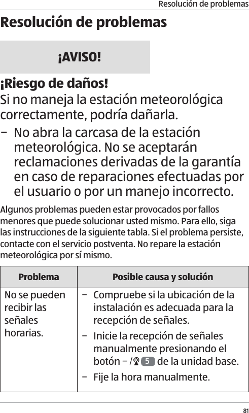 Resoluci&oacute;n de problemas81Resoluci&oacute;n de problemas&iexcl;AVISO!&iexcl;Riesgo de da&ntilde;os!Si no maneja la estaci&oacute;n meteorol&oacute;gica correctamente, podr&iacute;a da&ntilde;arla. &minus; No abra la carcasa de la estaci&oacute;n meteorol&oacute;gica. No se aceptar&aacute;n reclamaciones derivadas de la garant&iacute;a en caso de reparaciones efectuadas por el usuario o por un manejo incorrecto.Algunos problemas pueden estar provocados por fallos menores que puede solucionar usted mismo. Para ello, siga las instrucciones de la siguiente tabla. Si el problema persiste, contacte con el servicio postventa. No repare la estaci&oacute;n meteorol&oacute;gica por s&iacute; mismo.Problema Posible causa y soluci&oacute;nNo se pueden recibir las se&ntilde;ales horarias. &minus; Compruebe si la ubicaci&oacute;n de la instalaci&oacute;n es adecuada para la recepci&oacute;n de se&ntilde;ales. &minus; Inicie la recepci&oacute;n de se&ntilde;ales manualmente presionando el bot&oacute;n   5 de la unidad base. &minus; Fije la hora manualmente.