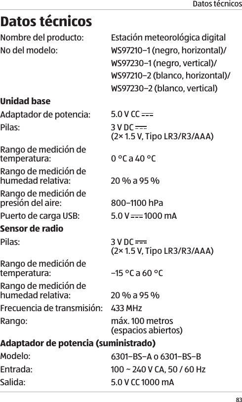 Datos t&eacute;cnicos83Datos t&eacute;cnicosNombre del producto: Estaci&oacute;n meteorol&oacute;gica digitalNo del modelo: WS97210&ndash;1 (negro, horizontal)/WS97230&ndash;1 (negro, vertical)/ WS97210&ndash;2 (blanco, horizontal)/WS97230&ndash;2 (blanco, vertical)Unidad baseAdaptador de potencia: 5.0 V CC Pilas: 3 V DC   (2&times; 1.5 V, Tipo LR3/R3/AAA) Rango de medici&oacute;n de temperatura:  0 &deg;C a 40 &deg;CRango de medici&oacute;n de humedad relativa:  20 % a 95 % Rango de medici&oacute;n de presi&oacute;n del aire:  800&ndash;1100 hPaPuerto de carga USB: 5.0 V   1000 mASensor de radioPilas: 3 V DC   (2&times; 1.5 V, Tipo LR3/R3/AAA) Rango de medici&oacute;n de temperatura:  &ndash;15 &deg;C a 60 &deg;CRango de medici&oacute;n de humedad relativa:  20 % a 95 % Frecuencia de transmisi&oacute;n: 433 MHzRango: m&aacute;x. 100 metros  (espacios abiertos)Adaptador de potencia (suministrado)Modelo: 6301&ndash;BS&ndash;A o 6301&ndash;BS&ndash;BEntrada: 100 ~ 240 V CA, 50 / 60 HzSalida:  5.0V CC 1000mA