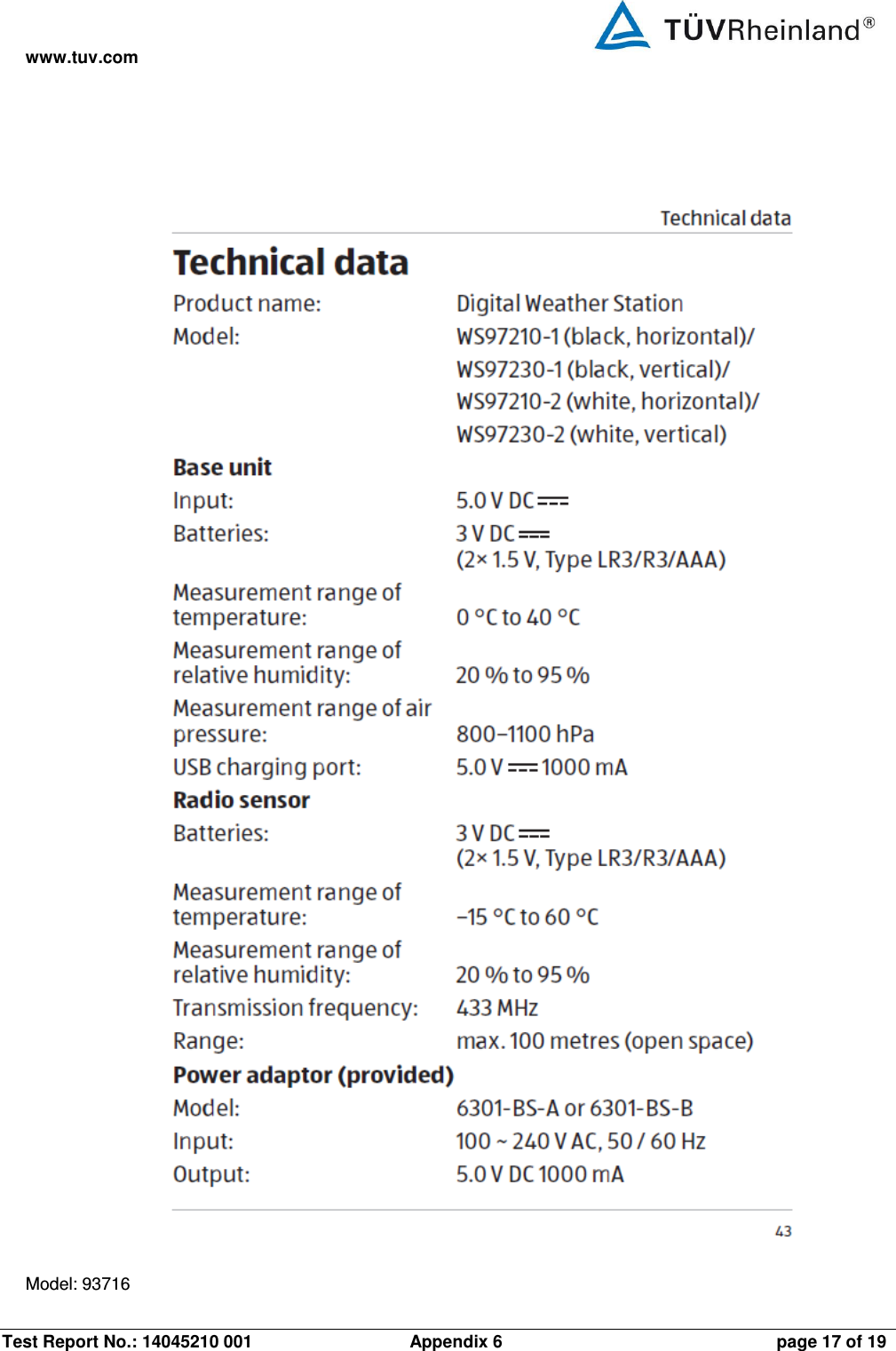 www.tuv.com Test Report No.: 14045210 001                 Appendix 6  page 17 of 19  Model: 93716 