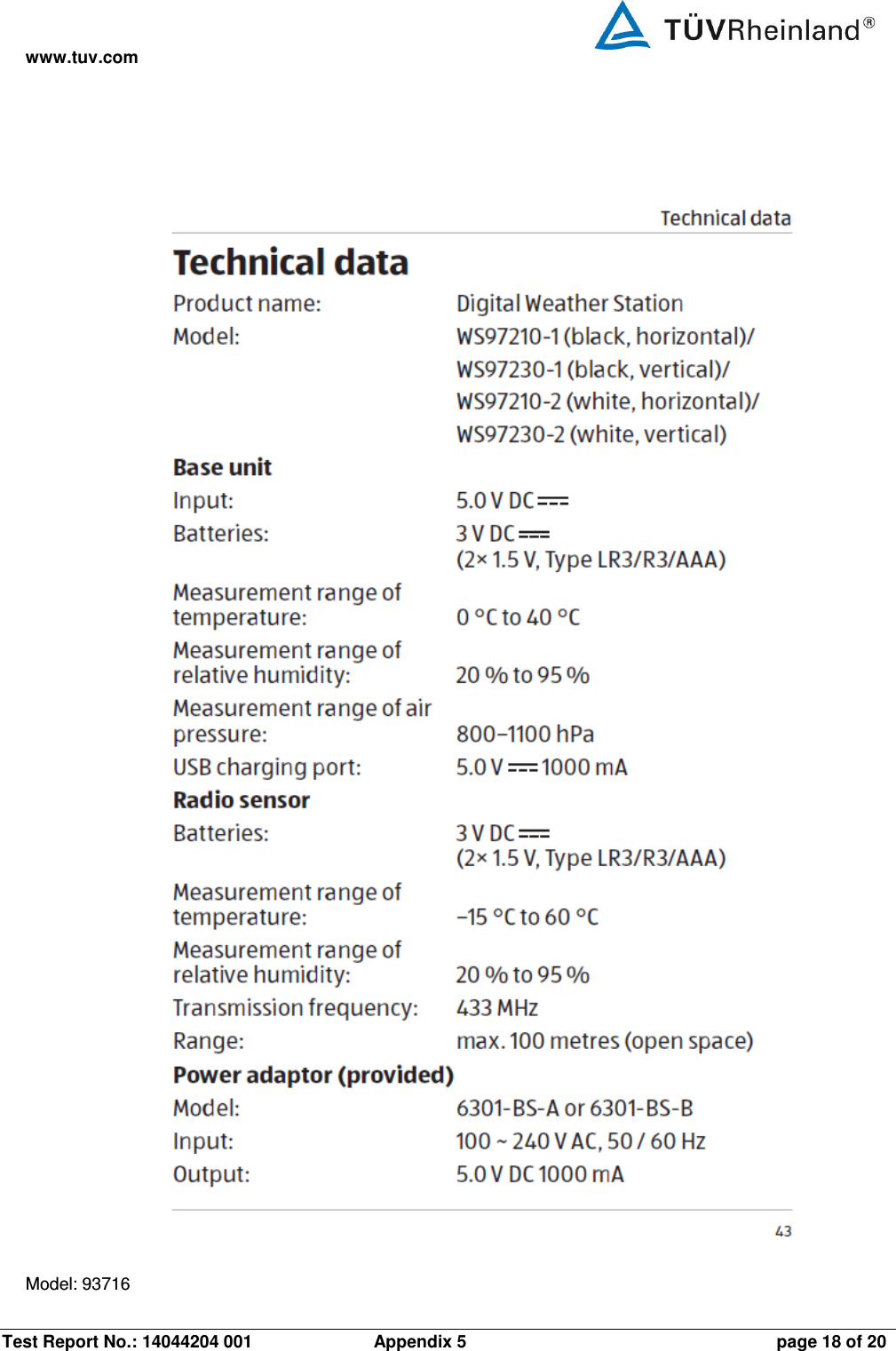 www.tuv.com Test Report No.: 14044204 001  Appendix 5  page 18 of 20  Model: 93716 