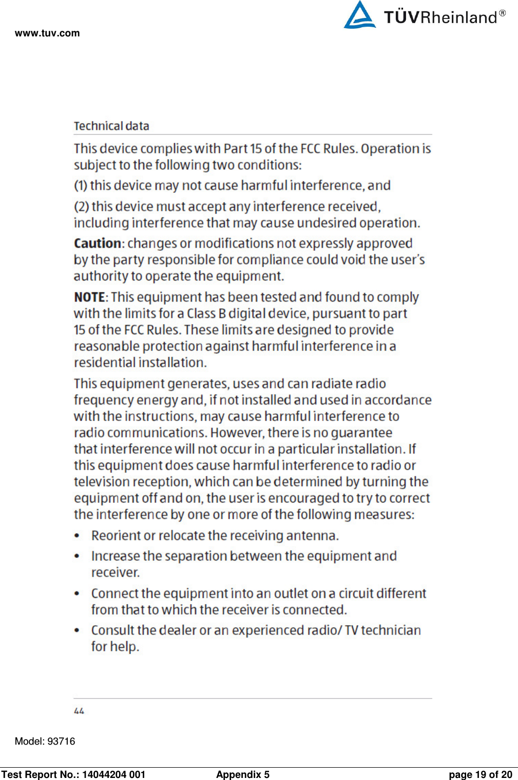 www.tuv.com Test Report No.: 14044204 001  Appendix 5  page 19 of 20  Model: 93716 