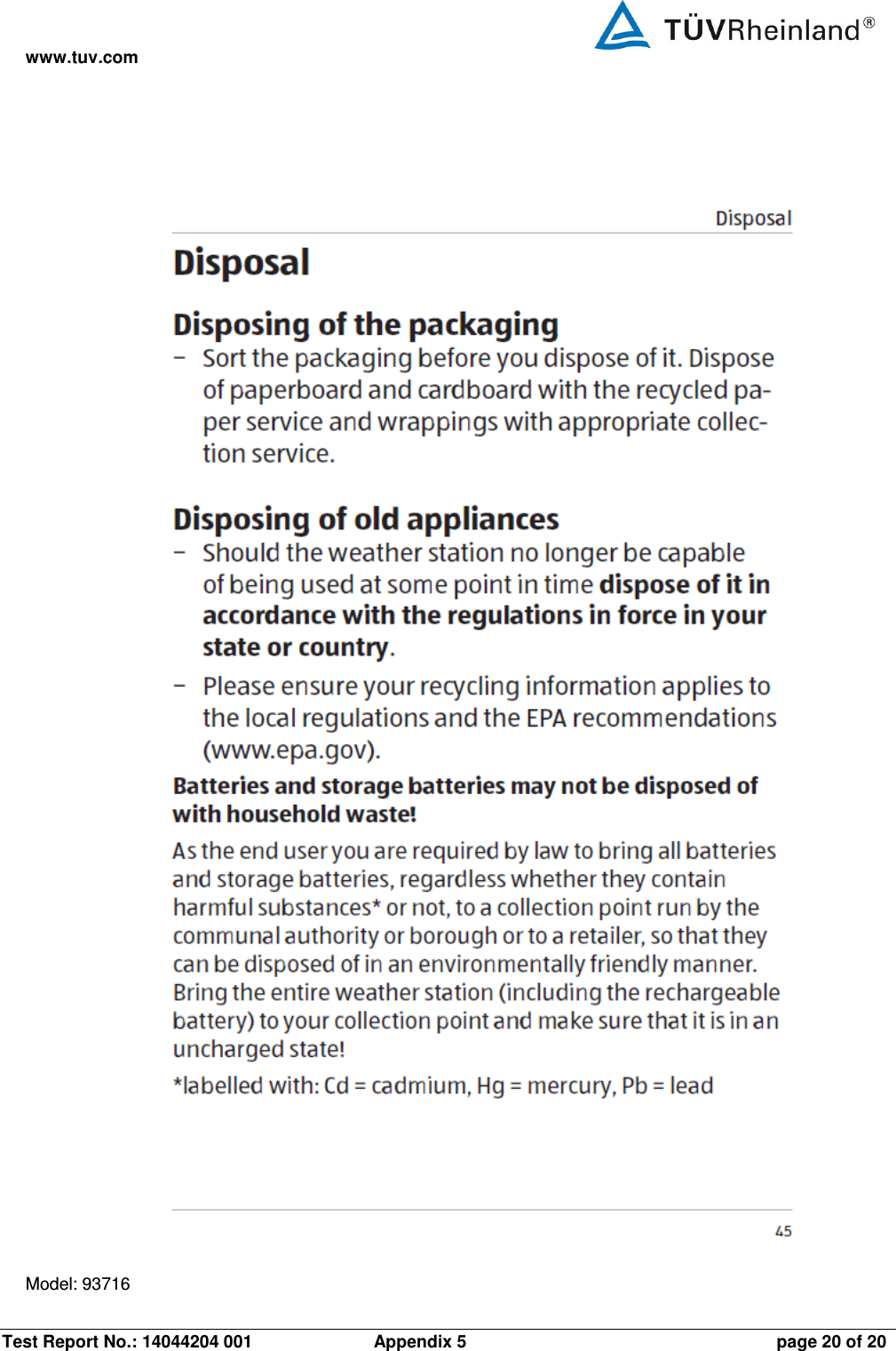 www.tuv.com Test Report No.: 14044204 001  Appendix 5  page 20 of 20  Model: 93716      