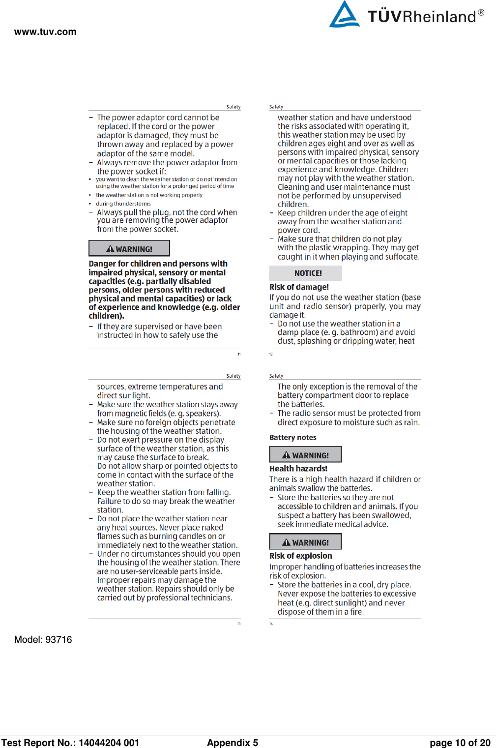 www.tuv.com Test Report No.: 14044204 001  Appendix 5  page 10 of 20  Model: 93716 
