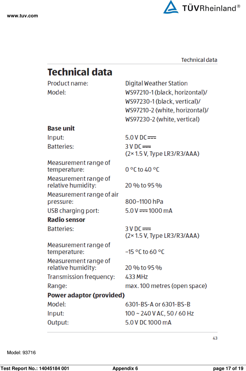 www.tuv.com Test Report No.: 14045184 001                 Appendix 6  page 17 of 19  Model: 93716 