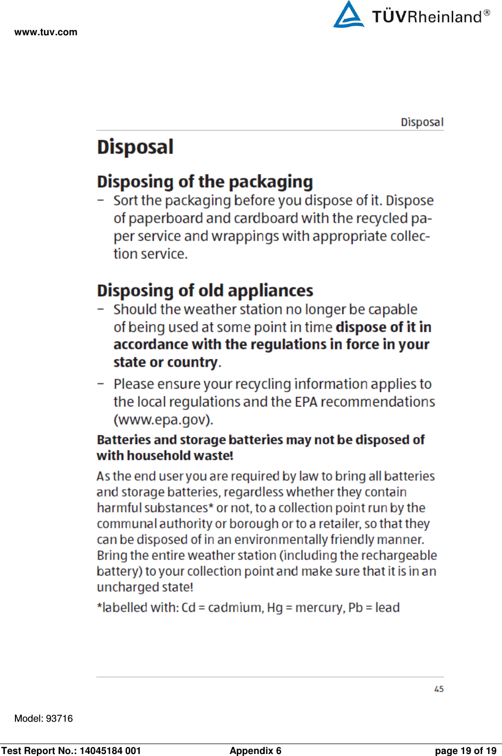www.tuv.com Test Report No.: 14045184 001                 Appendix 6  page 19 of 19  Model: 93716      