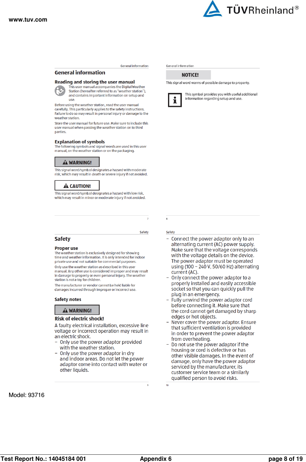 www.tuv.com Test Report No.: 14045184 001                 Appendix 6  page 8 of 19  Model: 93716 