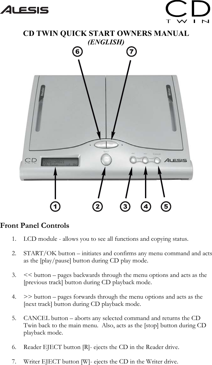 Alesis Cd Twin Portable Backup And Copy System Owners Manual 7 51 0169 A