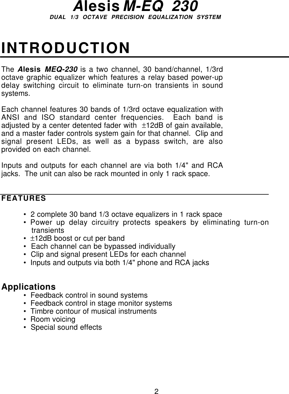 Page 2 of 11 - Alesis Alesis-M-Eq230-Users-Manual- M-EQ MANUAL  Alesis-m-eq230-users-manual