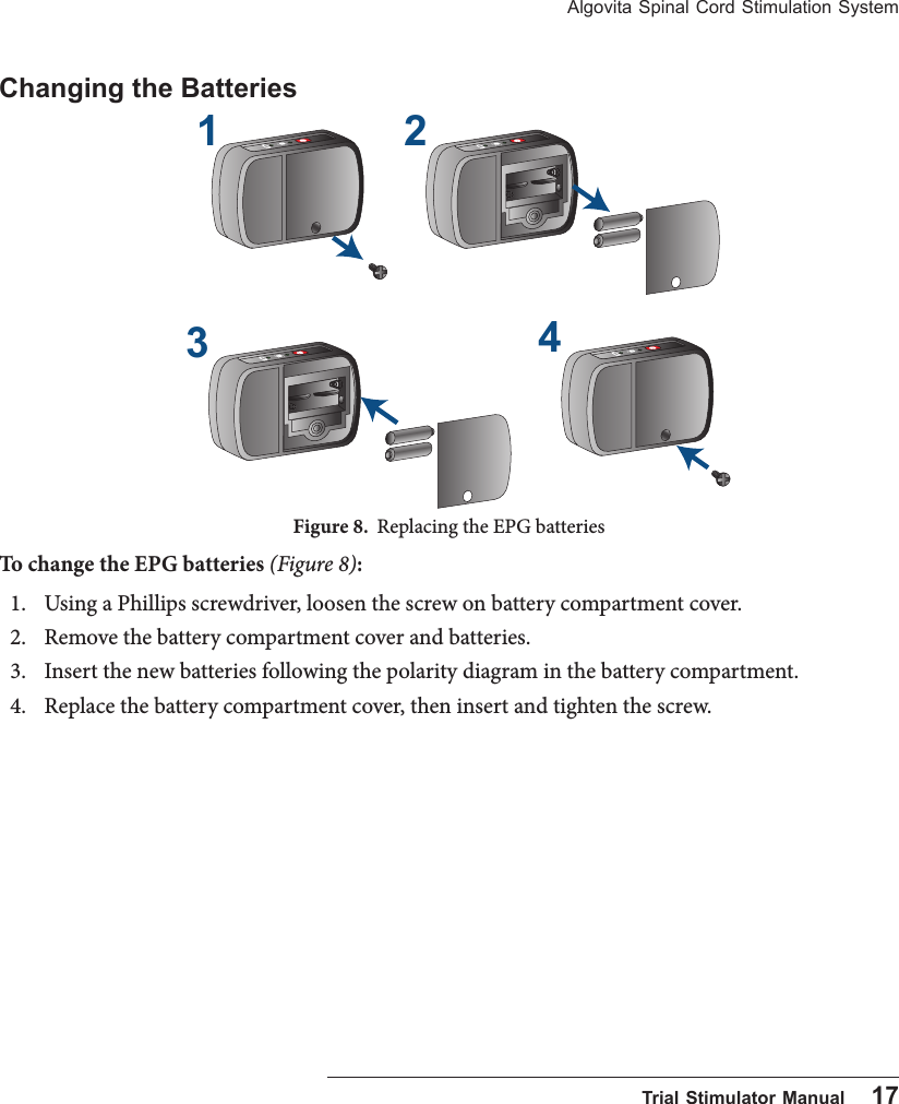 Algovita Spinal Cord Stimulation System  Trial Stimulator Manual    17Changing the Batteries1 243Figure 8.  Replacing the EPG batteriesTo change the EPG batteries (Figure 8):1.  Using a Phillips screwdriver, loosen the screw on battery compartment cover.2.  Remove the battery compartment cover and batteries.3.  Insert the new batteries following the polarity diagram in the battery compartment.4.  Replace the battery compartment cover, then insert and tighten the screw.