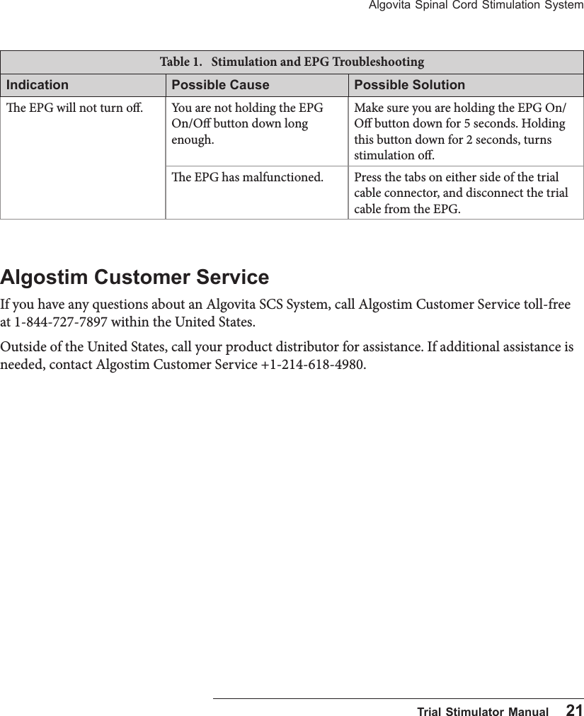 Algovita Spinal Cord Stimulation System  Trial Stimulator Manual    21Table 1.  Stimulation and EPG TroubleshootingIndication Possible Cause Possible Solutione EPG will not turn o.  You are not holding the EPG On/O button down long enough.Make sure you are holding the EPG On/O button down for 5 seconds. Holding this button down for 2 seconds, turns stimulation o.e EPG has malfunctioned. Press the tabs on either side of the trial cable connector, and disconnect the trial cable from the EPG. Algostim Customer ServiceIf you have any questions about an Algovita SCS System, call Algostim Customer Service toll-free at 1-844-727-7897 within the United States. Outside of the United States, call your product distributor for assistance. If additional assistance is needed, contact Algostim Customer Service +1-214-618-4980.