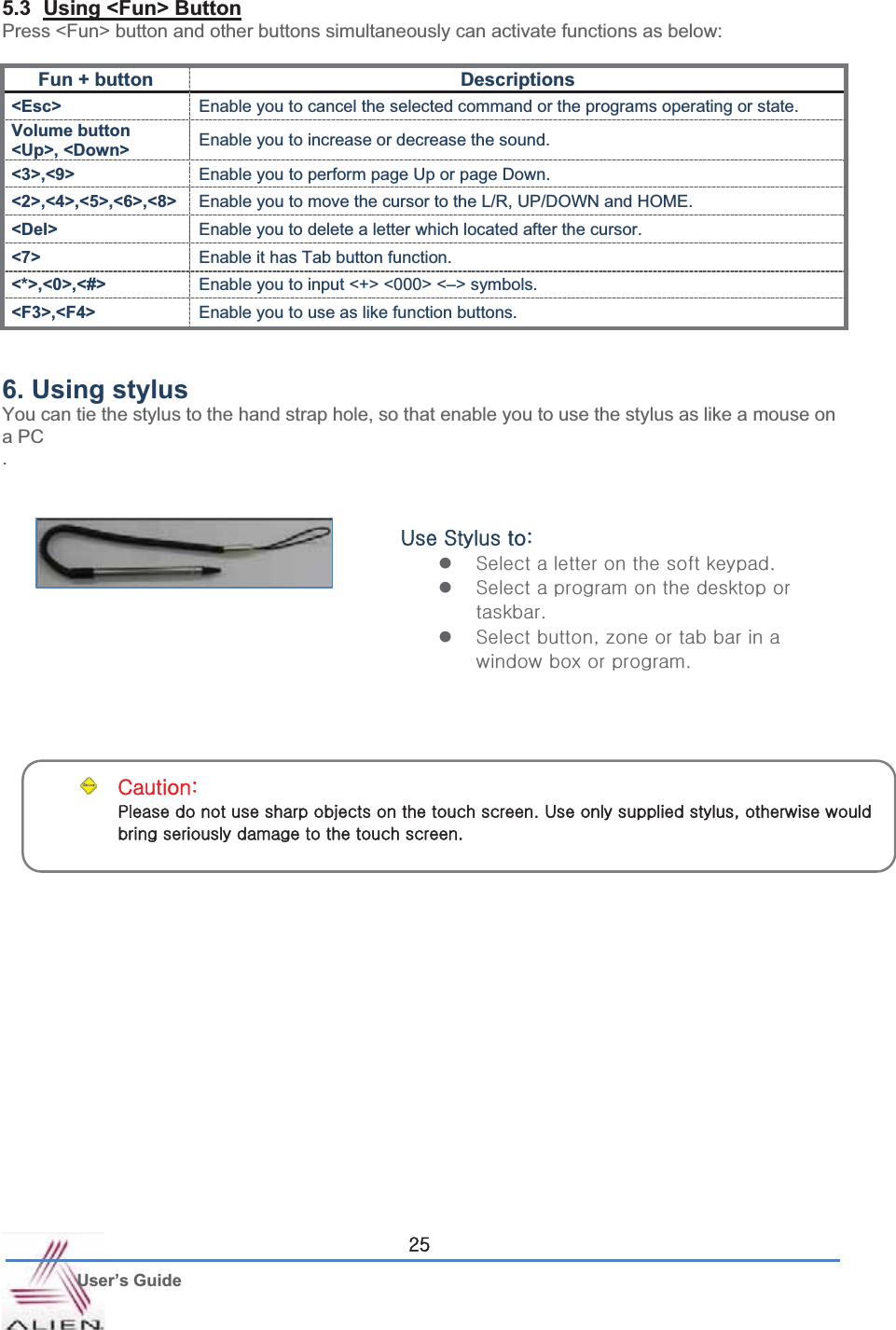G User’s Guide Y\5.3 Using &lt;Fun&gt; ButtonPress &lt;Fun&gt; button and other buttons simultaneously can activate functions as below:   Fun + button  Descriptions &lt;Esc&gt;  Enable you to cancel the selected command or the programs operating or state. Volume button &lt;Up&gt;, &lt;Down&gt;  Enable you to increase or decrease the sound. &lt;3&gt;,&lt;9&gt;  Enable you to perform page Up or page Down.   &lt;2&gt;,&lt;4&gt;,&lt;5&gt;,&lt;6&gt;,&lt;8&gt;  Enable you to move the cursor to the L/R, UP/DOWN and HOME. &lt;Del&gt;  Enable you to delete a letter which located after the cursor. &lt;7&gt;  Enable it has Tab button function. &lt;*&gt;,&lt;0&gt;,&lt;#&gt;  Enable you to input &lt;+&gt; &lt;000&gt; &lt;–&gt; symbols. &lt;F3&gt;,&lt;F4&gt;  Enable you to use as like function buttons. 6. Using stylusYou can tie the stylus to the hand strap hole, so that enable you to use the stylus as like a mouse on a PC .jaGwGGGGGGGGGUG|GGGSGGGGGGGGGUG G|GzGaGzzGGGGGGUGzzGGGGGGGUGzzGSG¡GGGGGGGGGUG G