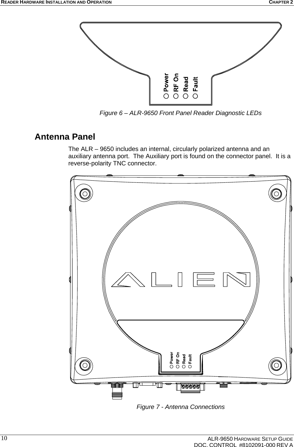 READER HARDWARE INSTALLATION AND OPERATION CHAPTER 2    ALR-9650 HARDWARE SETUP GUIDE   DOC. CONTROL  #8102091-000 REV A 10 Figure 6 – ALR-9650 Front Panel Reader Diagnostic LEDs Antenna Panel The ALR – 9650 includes an internal, circularly polarized antenna and an auxiliary antenna port.  The Auxiliary port is found on the connector panel.  It is a reverse-polarity TNC connector.     Figure 7 - Antenna Connections  