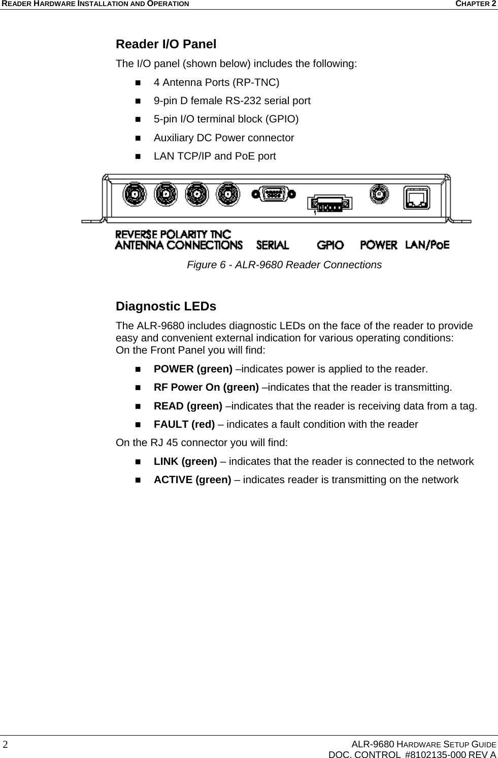 READER HARDWARE INSTALLATION AND OPERATION CHAPTER 2     ALR-9680 HARDWARE SETUP GUIDE   DOC. CONTROL  #8102135-000 REV A 2 Reader I/O Panel The I/O panel (shown below) includes the following:  4 Antenna Ports (RP-TNC)  9-pin D female RS-232 serial port  5-pin I/O terminal block (GPIO)  Auxiliary DC Power connector  LAN TCP/IP and PoE port  Diagnostic LEDs  The ALR-9680 includes diagnostic LEDs on the face of the reader to provide easy and convenient external indication for various operating conditions: On the Front Panel you will find:  POWER (green) –indicates power is applied to the reader.  RF Power On (green) –indicates that the reader is transmitting.  READ (green) –indicates that the reader is receiving data from a tag.  FAULT (red) – indicates a fault condition with the reader On the RJ 45 connector you will find:  LINK (green) – indicates that the reader is connected to the network  ACTIVE (green) – indicates reader is transmitting on the network Figure 6 - ALR-9680 Reader Connections 
