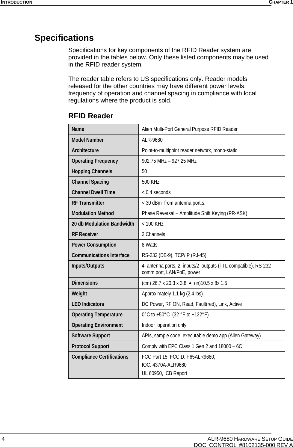 INTRODUCTION  CHAPTER 1     ALR-9680 HARDWARE SETUP GUIDE   DOC. CONTROL  #8102135-000 REV A 4 Specifications Specifications for key components of the RFID Reader system are provided in the tables below. Only these listed components may be used in the RFID reader system.  The reader table refers to US specifications only. Reader models released for the other countries may have different power levels, frequency of operation and channel spacing in compliance with local regulations where the product is sold. RFID Reader Name  Alien Multi-Port General Purpose RFID Reader Model Number  ALR-9680 Architecture  Point-to-multipoint reader network, mono-static Operating Frequency  902.75 MHz – 927.25 MHz Hopping Channels  50 Channel Spacing  500 KHz Channel Dwell Time  &lt; 0.4 seconds RF Transmitter  &lt; 30 dBm  from antenna port.s. Modulation Method  Phase Reversal – Amplitude Shift Keying (PR-ASK) 20 db Modulation Bandwidth  &lt; 100 KHz RF Receiver  2 Channels Power Consumption  8 Watts  Communications Interface  RS-232 (DB-9), TCP/IP (RJ-45)  Inputs/Outputs  4  antenna ports, 2  inputs/2  outputs (TTL compatible), RS-232 comm port, LAN/PoE, power Dimensions  (cm) 26.7 x 20.3 x 3.8    (in)10.5 x 8x 1.5 Weight  Approximately 1.1 kg (2.4 lbs) LED Indicators  DC Power, RF ON, Read, Fault(red), Link, Active  Operating Temperature  0°C to +50°C  (32 °F to +122°F) Operating Environment  Indoor  operation only Software Support  APIs, sample code, executable demo app (Alien Gateway) Protocol Support  Comply with EPC Class 1 Gen 2 and 18000 – 6C Compliance Certifications  FCC Part 15; FCCID: P65ALR9680;   IOC: 4370A-ALR9680 UL 60950,  CB Report  