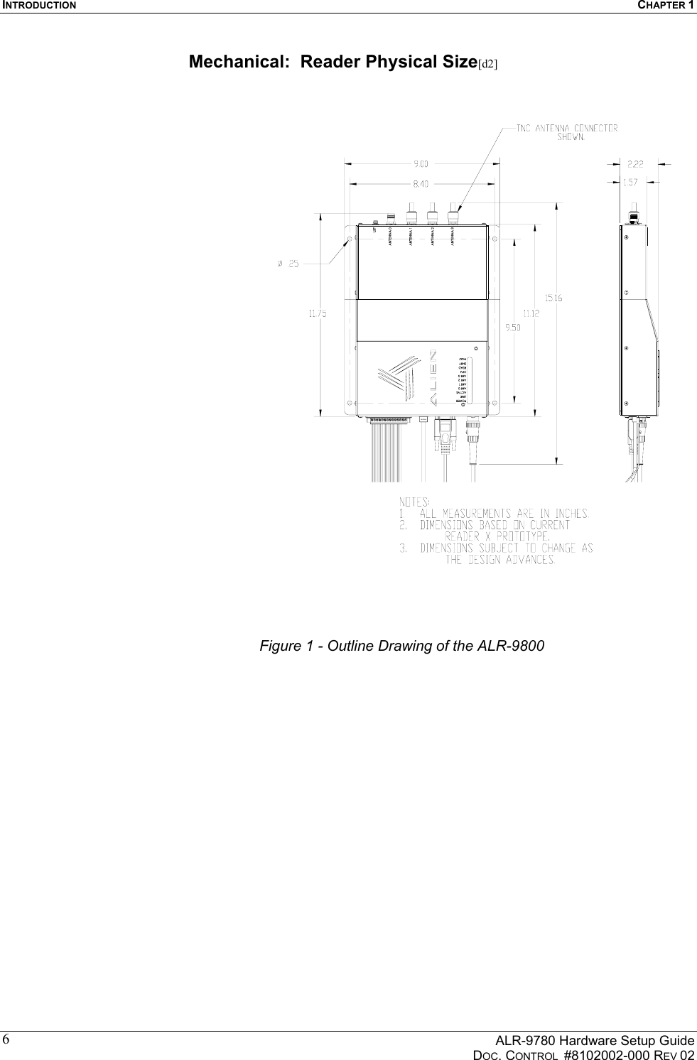 INTRODUCTION  CHAPTER 1      ALR-9780 Hardware Setup Guide   DOC. CONTROL  #8102002-000 REV 02 6Mechanical:  Reader Physical Size[d2] Figure 1 - Outline Drawing of the ALR-9800 