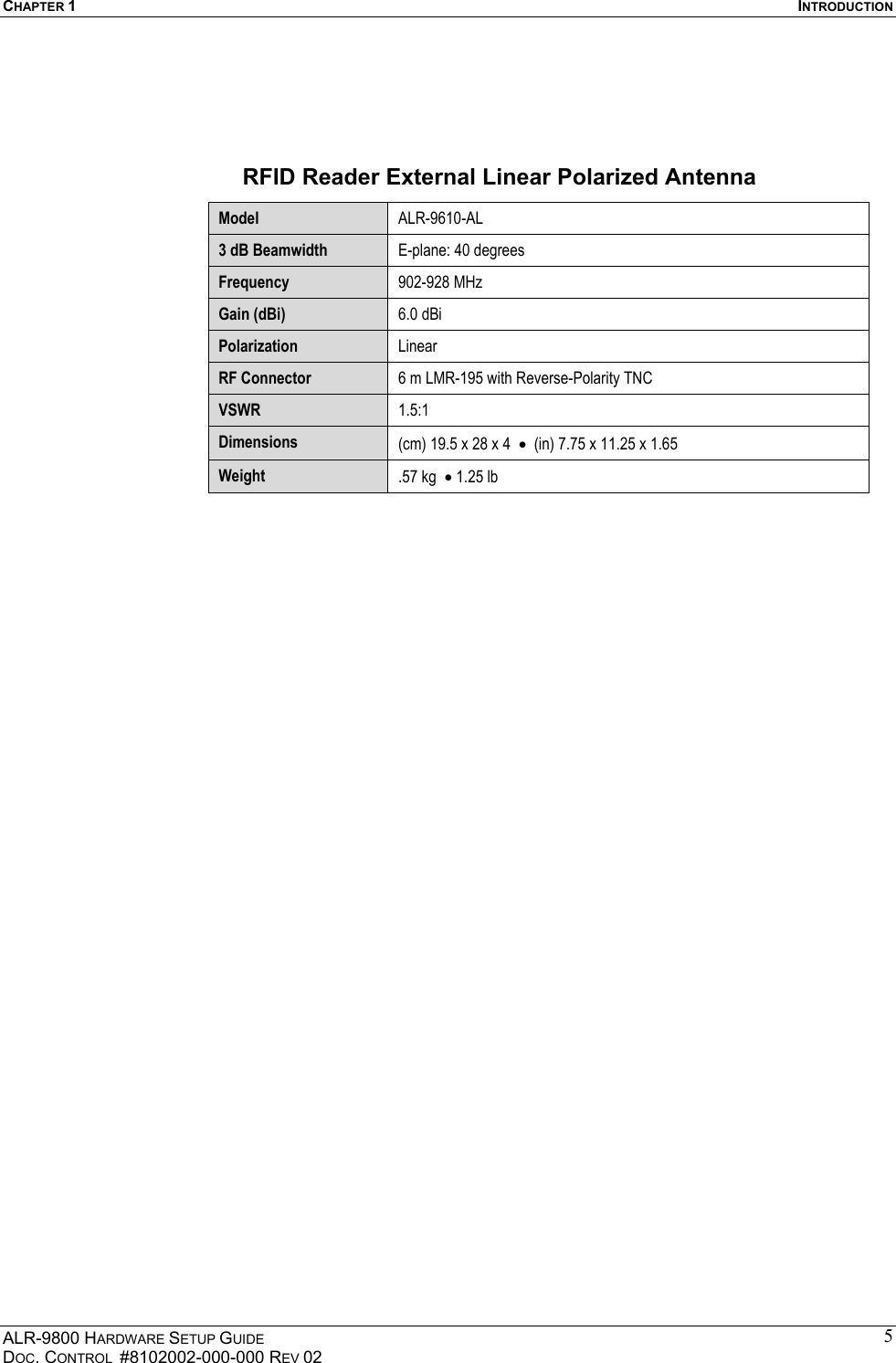 CHAPTER 1  INTRODUCTION ALR-9800 HARDWARE SETUP GUIDE DOC. CONTROL  #8102002-000-000 REV 02 5  RFID Reader External Linear Polarized Antenna Model  ALR-9610-AL 3 dB Beamwidth  E-plane: 40 degrees   Frequency  902-928 MHz Gain (dBi)  6.0 dBi  Polarization  Linear RF Connector  6 m LMR-195 with Reverse-Polarity TNC  VSWR  1.5:1 Dimensions  (cm) 19.5 x 28 x 4  •  (in) 7.75 x 11.25 x 1.65  Weight  .57 kg  • 1.25 lb  
