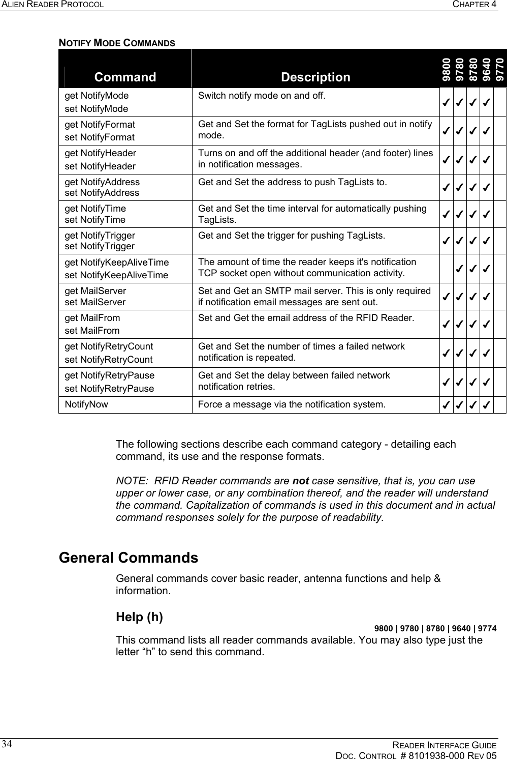 ALIEN READER PROTOCOL  CHAPTER 4    READER INTERFACE GUIDE   DOC. CONTROL  # 8101938-000 REV 05  34NOTIFY MODE COMMANDS Command  Description 9800 9780 8780 9640 9770 get NotifyMode set NotifyMode Switch notify mode on and off.  ✔ ✔ ✔ ✔  get NotifyFormat set NotifyFormat Get and Set the format for TagLists pushed out in notify mode.  ✔ ✔ ✔ ✔  get NotifyHeader set NotifyHeader Turns on and off the additional header (and footer) lines in notification messages.  ✔ ✔ ✔ ✔  get NotifyAddress set NotifyAddress Get and Set the address to push TagLists to.   ✔✔✔✔  get NotifyTime set NotifyTime Get and Set the time interval for automatically pushing TagLists.  ✔✔✔✔  get NotifyTrigger set NotifyTrigger Get and Set the trigger for pushing TagLists.  ✔✔✔✔  get NotifyKeepAliveTime set NotifyKeepAliveTime The amount of time the reader keeps it&apos;s notification TCP socket open without communication activity.   ✔✔✔  get MailServer set MailServer Set and Get an SMTP mail server. This is only required if notification email messages are sent out.  ✔✔✔✔  get MailFrom set MailFrom Set and Get the email address of the RFID Reader.   ✔✔✔✔  get NotifyRetryCount set NotifyRetryCount Get and Set the number of times a failed network notification is repeated.  ✔✔✔✔  get NotifyRetryPause set NotifyRetryPause Get and Set the delay between failed network notification retries.  ✔✔✔✔  NotifyNow  Force a message via the notification system.  ✔✔✔✔    The following sections describe each command category - detailing each command, its use and the response formats.  NOTE:  RFID Reader commands are not case sensitive, that is, you can use upper or lower case, or any combination thereof, and the reader will understand the command. Capitalization of commands is used in this document and in actual command responses solely for the purpose of readability. General Commands General commands cover basic reader, antenna functions and help &amp; information. Help (h) 9800 | 9780 | 8780 | 9640 | 9774 This command lists all reader commands available. You may also type just the letter “h” to send this command.  