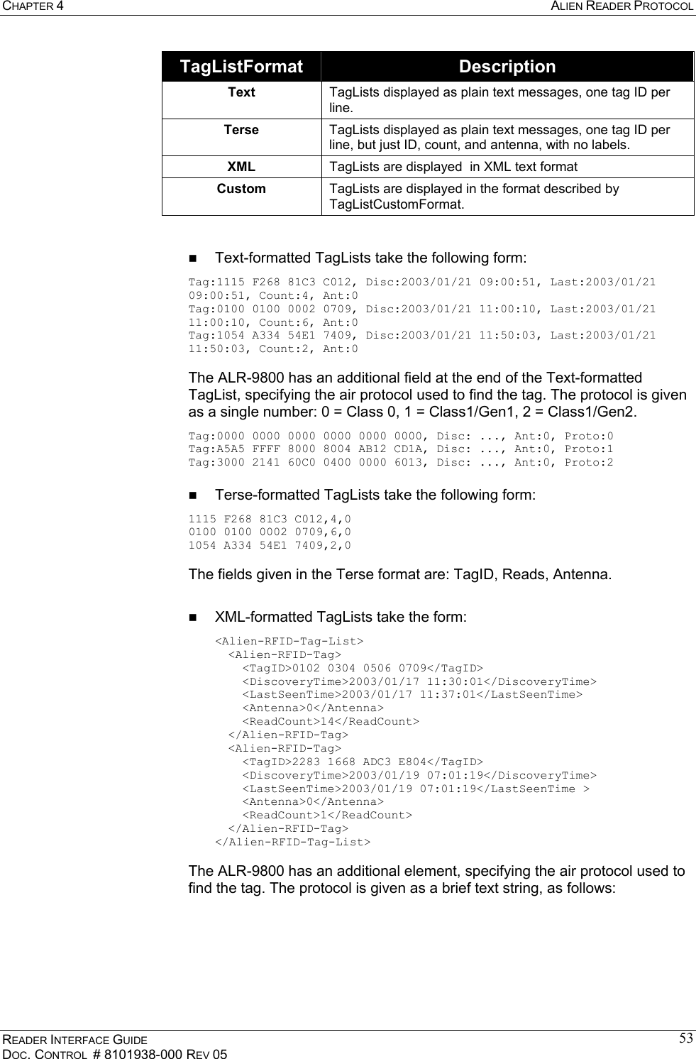 CHAPTER 4  ALIEN READER PROTOCOL READER INTERFACE GUIDE DOC. CONTROL  # 8101938-000 REV 05 53TagListFormat  Description Text  TagLists displayed as plain text messages, one tag ID per line. Terse  TagLists displayed as plain text messages, one tag ID per line, but just ID, count, and antenna, with no labels. XML  TagLists are displayed  in XML text format Custom  TagLists are displayed in the format described by TagListCustomFormat.     Text-formatted TagLists take the following form: Tag:1115 F268 81C3 C012, Disc:2003/01/21 09:00:51, Last:2003/01/21 09:00:51, Count:4, Ant:0  Tag:0100 0100 0002 0709, Disc:2003/01/21 11:00:10, Last:2003/01/21 11:00:10, Count:6, Ant:0  Tag:1054 A334 54E1 7409, Disc:2003/01/21 11:50:03, Last:2003/01/21 11:50:03, Count:2, Ant:0  The ALR-9800 has an additional field at the end of the Text-formatted TagList, specifying the air protocol used to find the tag. The protocol is given as a single number: 0 = Class 0, 1 = Class1/Gen1, 2 = Class1/Gen2. Tag:0000 0000 0000 0000 0000 0000, Disc: ..., Ant:0, Proto:0 Tag:A5A5 FFFF 8000 8004 AB12 CD1A, Disc: ..., Ant:0, Proto:1 Tag:3000 2141 60C0 0400 0000 6013, Disc: ..., Ant:0, Proto:2    Terse-formatted TagLists take the following form: 1115 F268 81C3 C012,4,0  0100 0100 0002 0709,6,0  1054 A334 54E1 7409,2,0   The fields given in the Terse format are: TagID, Reads, Antenna.    XML-formatted TagLists take the form: &lt;Alien-RFID-Tag-List&gt;  &lt;Alien-RFID-Tag&gt;    &lt;TagID&gt;0102 0304 0506 0709&lt;/TagID&gt;    &lt;DiscoveryTime&gt;2003/01/17 11:30:01&lt;/DiscoveryTime&gt;    &lt;LastSeenTime&gt;2003/01/17 11:37:01&lt;/LastSeenTime&gt;   &lt;Antenna&gt;0&lt;/Antenna&gt;    &lt;ReadCount&gt;14&lt;/ReadCount&gt;  &lt;/Alien-RFID-Tag&gt;  &lt;Alien-RFID-Tag&gt;    &lt;TagID&gt;2283 1668 ADC3 E804&lt;/TagID&gt;    &lt;DiscoveryTime&gt;2003/01/19 07:01:19&lt;/DiscoveryTime&gt;    &lt;LastSeenTime&gt;2003/01/19 07:01:19&lt;/LastSeenTime &gt;    &lt;Antenna&gt;0&lt;/Antenna&gt;    &lt;ReadCount&gt;1&lt;/ReadCount&gt;  &lt;/Alien-RFID-Tag&gt;  &lt;/Alien-RFID-Tag-List&gt;   The ALR-9800 has an additional element, specifying the air protocol used to find the tag. The protocol is given as a brief text string, as follows: 