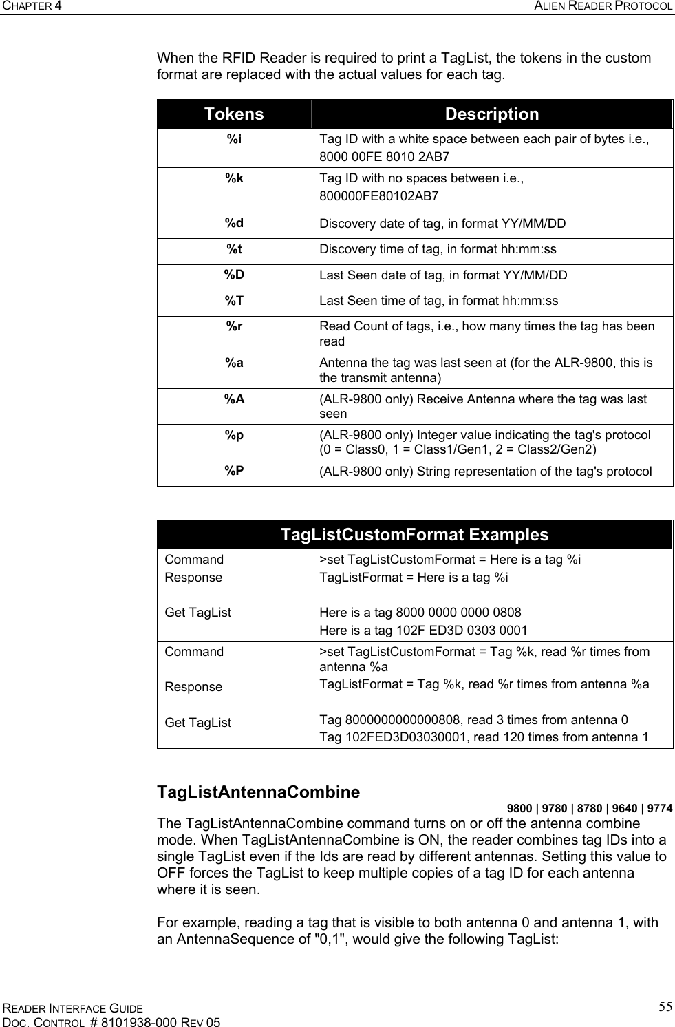 CHAPTER 4  ALIEN READER PROTOCOL READER INTERFACE GUIDE DOC. CONTROL  # 8101938-000 REV 05 55When the RFID Reader is required to print a TagList, the tokens in the custom format are replaced with the actual values for each tag.  Tokens  Description %i  Tag ID with a white space between each pair of bytes i.e., 8000 00FE 8010 2AB7 %k  Tag ID with no spaces between i.e., 800000FE80102AB7 %d  Discovery date of tag, in format YY/MM/DD %t  Discovery time of tag, in format hh:mm:ss %D  Last Seen date of tag, in format YY/MM/DD %T  Last Seen time of tag, in format hh:mm:ss %r  Read Count of tags, i.e., how many times the tag has been read %a  Antenna the tag was last seen at (for the ALR-9800, this is the transmit antenna) %A  (ALR-9800 only) Receive Antenna where the tag was last seen %p  (ALR-9800 only) Integer value indicating the tag&apos;s protocol (0 = Class0, 1 = Class1/Gen1, 2 = Class2/Gen2) %P  (ALR-9800 only) String representation of the tag&apos;s protocol   TagListCustomFormat Examples Command Response  Get TagList &gt;set TagListCustomFormat = Here is a tag %i TagListFormat = Here is a tag %i  Here is a tag 8000 0000 0000 0808 Here is a tag 102F ED3D 0303 0001 Command  Response  Get TagList &gt;set TagListCustomFormat = Tag %k, read %r times from antenna %a TagListFormat = Tag %k, read %r times from antenna %a  Tag 8000000000000808, read 3 times from antenna 0 Tag 102FED3D03030001, read 120 times from antenna 1  TagListAntennaCombine 9800 | 9780 | 8780 | 9640 | 9774 The TagListAntennaCombine command turns on or off the antenna combine mode. When TagListAntennaCombine is ON, the reader combines tag IDs into a single TagList even if the Ids are read by different antennas. Setting this value to OFF forces the TagList to keep multiple copies of a tag ID for each antenna where it is seen.   For example, reading a tag that is visible to both antenna 0 and antenna 1, with an AntennaSequence of &quot;0,1&quot;, would give the following TagList:   