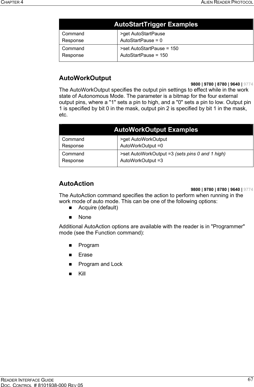 CHAPTER 4  ALIEN READER PROTOCOL READER INTERFACE GUIDE DOC. CONTROL  # 8101938-000 REV 05 67AutoStartTrigger Examples Command Response &gt;get AutoStartPause AutoStartPause = 0 Command Response &gt;set AutoStartPause = 150 AutoStartPause = 150  AutoWorkOutput 9800 | 9780 | 8780 | 9640 | 9774 The AutoWorkOutput specifies the output pin settings to effect while in the work state of Autonomous Mode. The parameter is a bitmap for the four external output pins, where a &quot;1&quot; sets a pin to high, and a &quot;0&quot; sets a pin to low. Output pin 1 is specified by bit 0 in the mask, output pin 2 is specified by bit 1 in the mask, etc.  AutoWorkOutput Examples Command Response &gt;get AutoWorkOutput AutoWorkOutput =0 Command Response &gt;set AutoWorkOutput =3 (sets pins 0 and 1 high) AutoWorkOutput =3  AutoAction 9800 | 9780 | 8780 | 9640 | 9774 The AutoAction command specifies the action to perform when running in the work mode of auto mode. This can be one of the following options:   Acquire (default)   None Additional AutoAction options are available with the reader is in &quot;Programmer&quot; mode (see the Function command):    Program   Erase   Program and Lock   Kill  