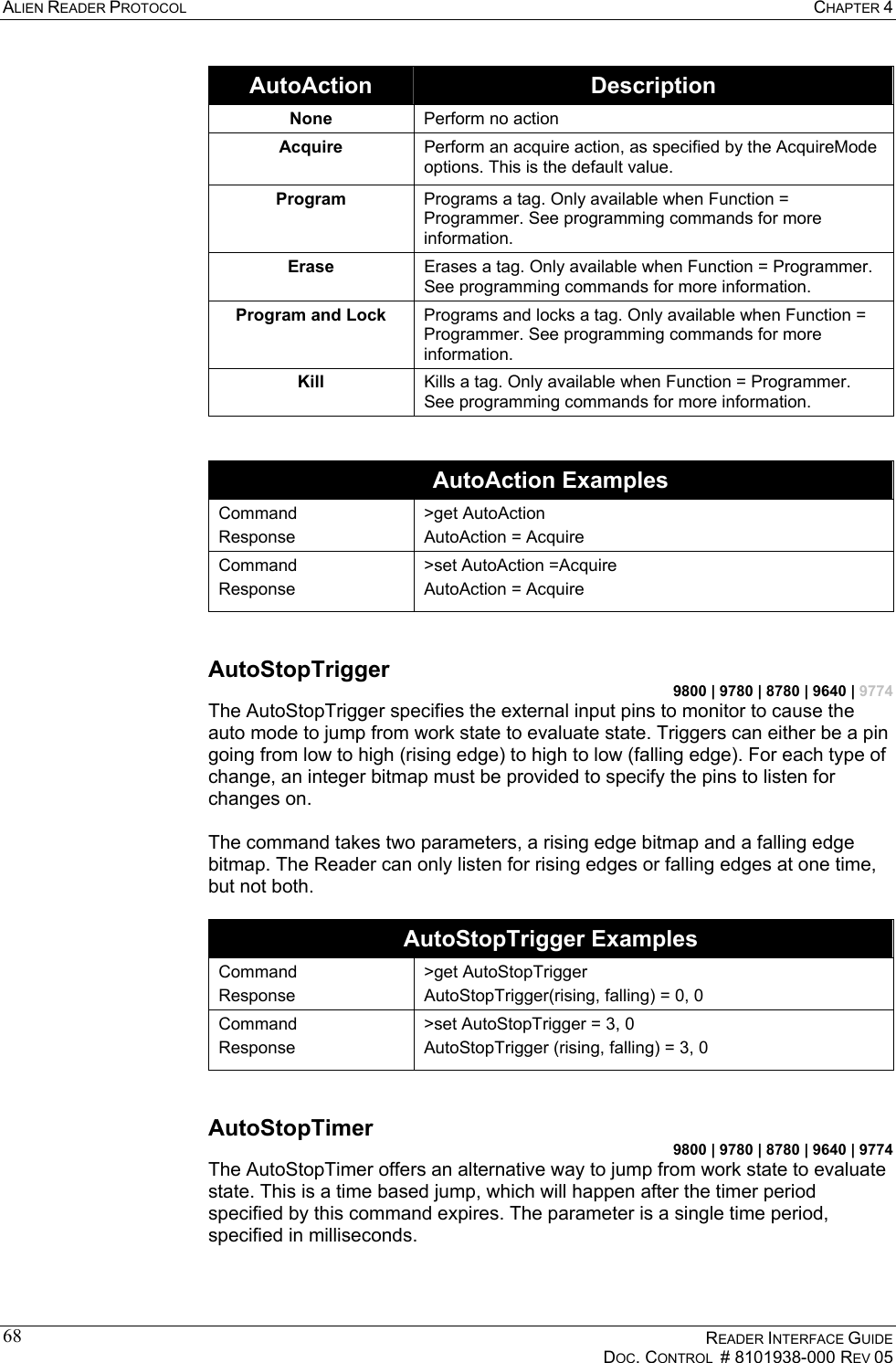 ALIEN READER PROTOCOL  CHAPTER 4    READER INTERFACE GUIDE   DOC. CONTROL  # 8101938-000 REV 05  68AutoAction  Description None  Perform no action  Acquire  Perform an acquire action, as specified by the AcquireMode options. This is the default value. Program  Programs a tag. Only available when Function = Programmer. See programming commands for more information. Erase  Erases a tag. Only available when Function = Programmer. See programming commands for more information. Program and Lock  Programs and locks a tag. Only available when Function = Programmer. See programming commands for more information. Kill  Kills a tag. Only available when Function = Programmer. See programming commands for more information.   AutoAction Examples Command Response &gt;get AutoAction AutoAction = Acquire Command Response &gt;set AutoAction =Acquire AutoAction = Acquire  AutoStopTrigger 9800 | 9780 | 8780 | 9640 | 9774 The AutoStopTrigger specifies the external input pins to monitor to cause the auto mode to jump from work state to evaluate state. Triggers can either be a pin going from low to high (rising edge) to high to low (falling edge). For each type of change, an integer bitmap must be provided to specify the pins to listen for changes on.   The command takes two parameters, a rising edge bitmap and a falling edge bitmap. The Reader can only listen for rising edges or falling edges at one time, but not both.  AutoStopTrigger Examples Command Response &gt;get AutoStopTrigger AutoStopTrigger(rising, falling) = 0, 0 Command Response &gt;set AutoStopTrigger = 3, 0 AutoStopTrigger (rising, falling) = 3, 0  AutoStopTimer 9800 | 9780 | 8780 | 9640 | 9774 The AutoStopTimer offers an alternative way to jump from work state to evaluate state. This is a time based jump, which will happen after the timer period specified by this command expires. The parameter is a single time period, specified in milliseconds.  