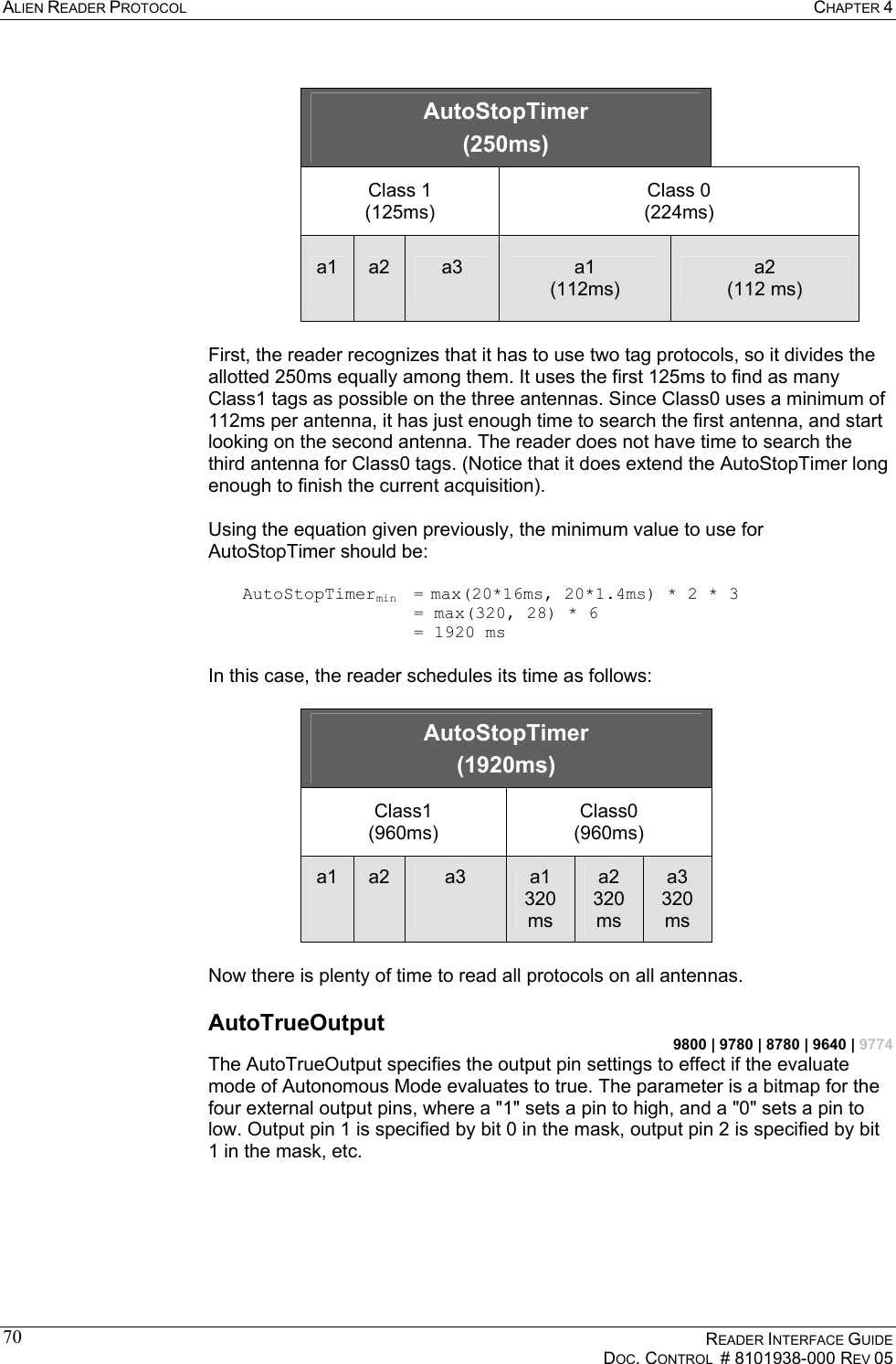 ALIEN READER PROTOCOL  CHAPTER 4    READER INTERFACE GUIDE   DOC. CONTROL  # 8101938-000 REV 05  70 AutoStopTimer (250ms) Class 1 (125ms) Class 0 (224ms) a1  a2  a3  a1 (112ms) a2 (112 ms)  First, the reader recognizes that it has to use two tag protocols, so it divides the allotted 250ms equally among them. It uses the first 125ms to find as many Class1 tags as possible on the three antennas. Since Class0 uses a minimum of 112ms per antenna, it has just enough time to search the first antenna, and start looking on the second antenna. The reader does not have time to search the third antenna for Class0 tags. (Notice that it does extend the AutoStopTimer long enough to finish the current acquisition).  Using the equation given previously, the minimum value to use for AutoStopTimer should be:  AutoStopTimermin  = max(20*16ms, 20*1.4ms) * 2 * 3           = max(320, 28) * 6           = 1920 ms  In this case, the reader schedules its time as follows:  AutoStopTimer (1920ms) Class1 (960ms) Class0 (960ms) a1   a2   a3   a1 320 ms a2 320 ms a3 320 ms  Now there is plenty of time to read all protocols on all antennas. AutoTrueOutput 9800 | 9780 | 8780 | 9640 | 9774 The AutoTrueOutput specifies the output pin settings to effect if the evaluate mode of Autonomous Mode evaluates to true. The parameter is a bitmap for the four external output pins, where a &quot;1&quot; sets a pin to high, and a &quot;0&quot; sets a pin to low. Output pin 1 is specified by bit 0 in the mask, output pin 2 is specified by bit 1 in the mask, etc.  