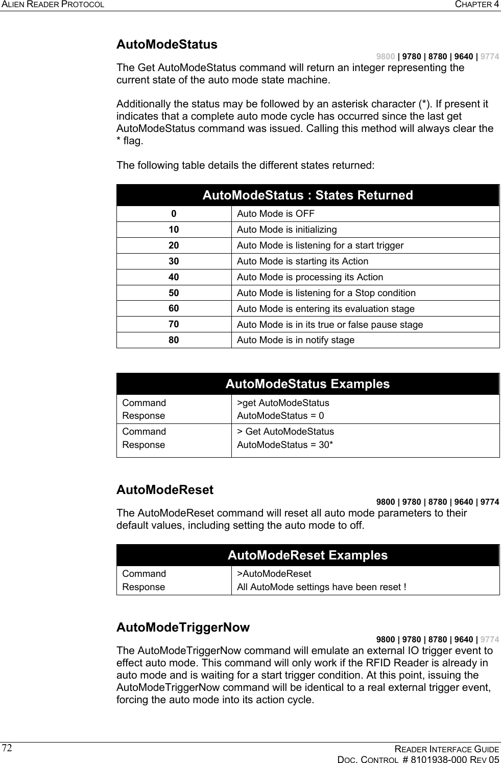 ALIEN READER PROTOCOL  CHAPTER 4    READER INTERFACE GUIDE   DOC. CONTROL  # 8101938-000 REV 05  72AutoModeStatus 9800 | 9780 | 8780 | 9640 | 9774 The Get AutoModeStatus command will return an integer representing the current state of the auto mode state machine.  Additionally the status may be followed by an asterisk character (*). If present it indicates that a complete auto mode cycle has occurred since the last get AutoModeStatus command was issued. Calling this method will always clear the * flag.  The following table details the different states returned:  AutoModeStatus : States Returned 0  Auto Mode is OFF 10  Auto Mode is initializing 20  Auto Mode is listening for a start trigger 30  Auto Mode is starting its Action 40  Auto Mode is processing its Action 50  Auto Mode is listening for a Stop condition 60  Auto Mode is entering its evaluation stage 70  Auto Mode is in its true or false pause stage 80  Auto Mode is in notify stage   AutoModeStatus Examples Command Response &gt;get AutoModeStatus AutoModeStatus = 0 Command Response &gt; Get AutoModeStatus AutoModeStatus = 30*  AutoModeReset 9800 | 9780 | 8780 | 9640 | 9774 The AutoModeReset command will reset all auto mode parameters to their default values, including setting the auto mode to off.   AutoModeReset Examples Command Response &gt;AutoModeReset All AutoMode settings have been reset !  AutoModeTriggerNow 9800 | 9780 | 8780 | 9640 | 9774 The AutoModeTriggerNow command will emulate an external IO trigger event to effect auto mode. This command will only work if the RFID Reader is already in auto mode and is waiting for a start trigger condition. At this point, issuing the AutoModeTriggerNow command will be identical to a real external trigger event, forcing the auto mode into its action cycle.  