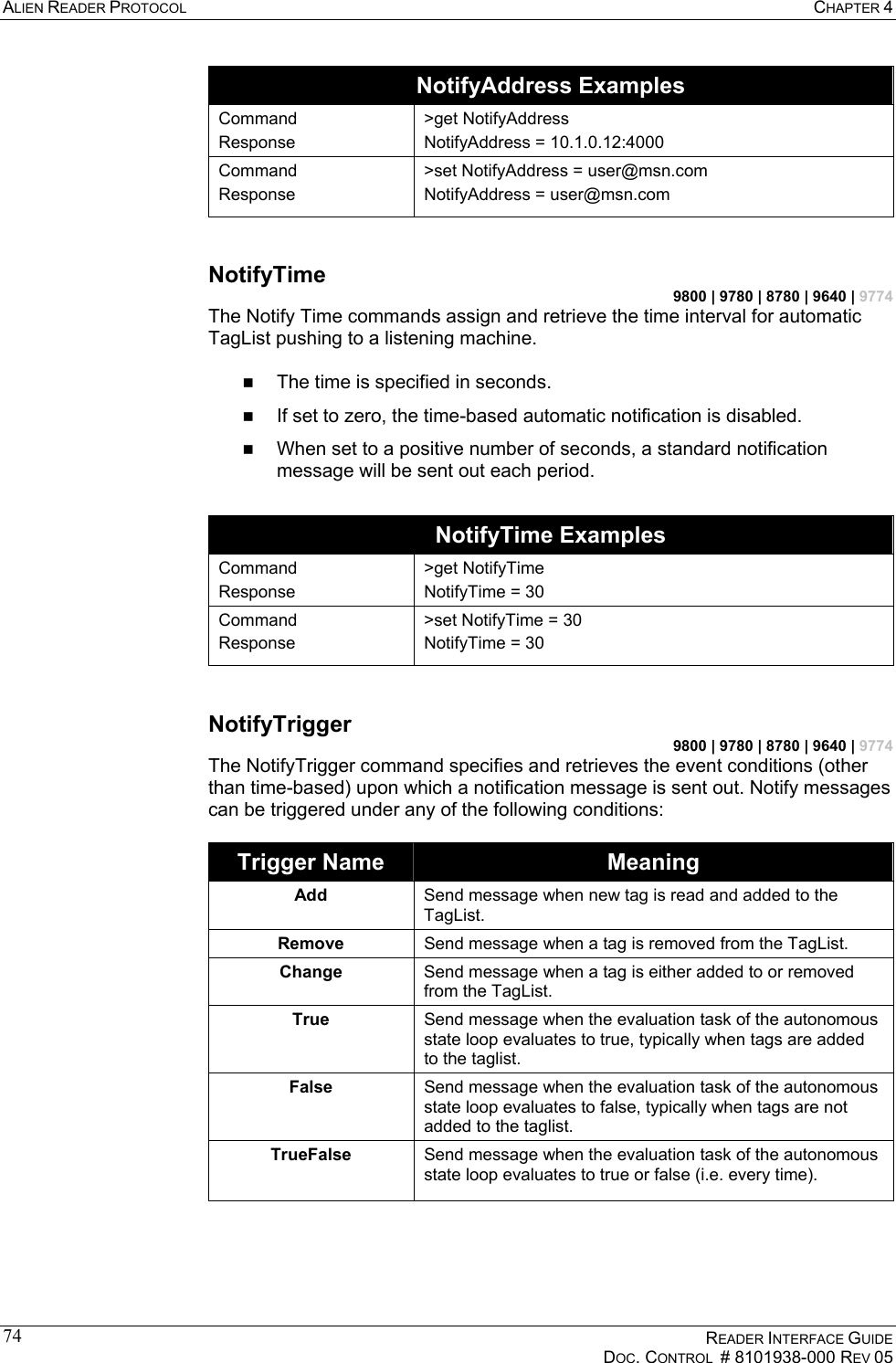 ALIEN READER PROTOCOL  CHAPTER 4    READER INTERFACE GUIDE   DOC. CONTROL  # 8101938-000 REV 05  74NotifyAddress Examples Command Response &gt;get NotifyAddress NotifyAddress = 10.1.0.12:4000 Command Response &gt;set NotifyAddress = user@msn.com NotifyAddress = user@msn.com  NotifyTime 9800 | 9780 | 8780 | 9640 | 9774 The Notify Time commands assign and retrieve the time interval for automatic TagList pushing to a listening machine.     The time is specified in seconds.    If set to zero, the time-based automatic notification is disabled.    When set to a positive number of seconds, a standard notification message will be sent out each period.  NotifyTime Examples Command Response &gt;get NotifyTime NotifyTime = 30 Command Response &gt;set NotifyTime = 30 NotifyTime = 30  NotifyTrigger 9800 | 9780 | 8780 | 9640 | 9774 The NotifyTrigger command specifies and retrieves the event conditions (other than time-based) upon which a notification message is sent out. Notify messages can be triggered under any of the following conditions:  Trigger Name  Meaning Add  Send message when new tag is read and added to the TagList. Remove  Send message when a tag is removed from the TagList. Change  Send message when a tag is either added to or removed from the TagList. True  Send message when the evaluation task of the autonomous state loop evaluates to true, typically when tags are added to the taglist. False  Send message when the evaluation task of the autonomous state loop evaluates to false, typically when tags are not added to the taglist. TrueFalse  Send message when the evaluation task of the autonomous state loop evaluates to true or false (i.e. every time).   