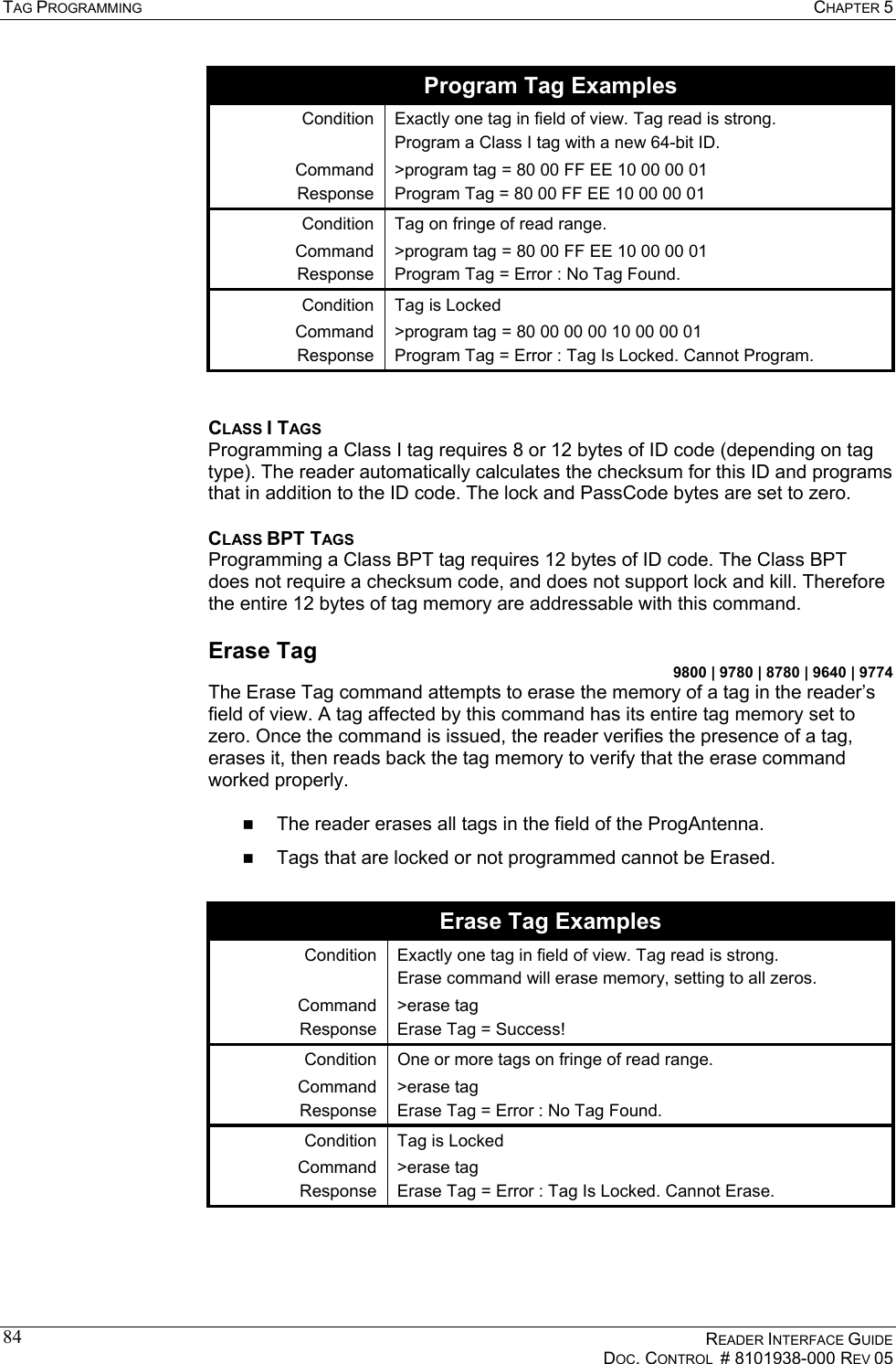 TAG PROGRAMMING  CHAPTER 5    READER INTERFACE GUIDE   DOC. CONTROL  # 8101938-000 REV 05  84Program Tag Examples Condition  Exactly one tag in field of view. Tag read is strong.  Program a Class I tag with a new 64-bit ID. Command Response &gt;program tag = 80 00 FF EE 10 00 00 01 Program Tag = 80 00 FF EE 10 00 00 01 Condition  Tag on fringe of read range. Command Response &gt;program tag = 80 00 FF EE 10 00 00 01 Program Tag = Error : No Tag Found. Condition  Tag is Locked Command Response &gt;program tag = 80 00 00 00 10 00 00 01 Program Tag = Error : Tag Is Locked. Cannot Program.  CLASS I TAGS Programming a Class I tag requires 8 or 12 bytes of ID code (depending on tag type). The reader automatically calculates the checksum for this ID and programs that in addition to the ID code. The lock and PassCode bytes are set to zero. CLASS BPT TAGS Programming a Class BPT tag requires 12 bytes of ID code. The Class BPT does not require a checksum code, and does not support lock and kill. Therefore the entire 12 bytes of tag memory are addressable with this command. Erase Tag 9800 | 9780 | 8780 | 9640 | 9774 The Erase Tag command attempts to erase the memory of a tag in the reader’s field of view. A tag affected by this command has its entire tag memory set to zero. Once the command is issued, the reader verifies the presence of a tag, erases it, then reads back the tag memory to verify that the erase command worked properly.     The reader erases all tags in the field of the ProgAntenna.   Tags that are locked or not programmed cannot be Erased.  Erase Tag Examples Condition  Exactly one tag in field of view. Tag read is strong.  Erase command will erase memory, setting to all zeros. Command Response &gt;erase tag Erase Tag = Success! Condition  One or more tags on fringe of read range. Command Response &gt;erase tag Erase Tag = Error : No Tag Found. Condition  Tag is Locked Command Response &gt;erase tag Erase Tag = Error : Tag Is Locked. Cannot Erase.  