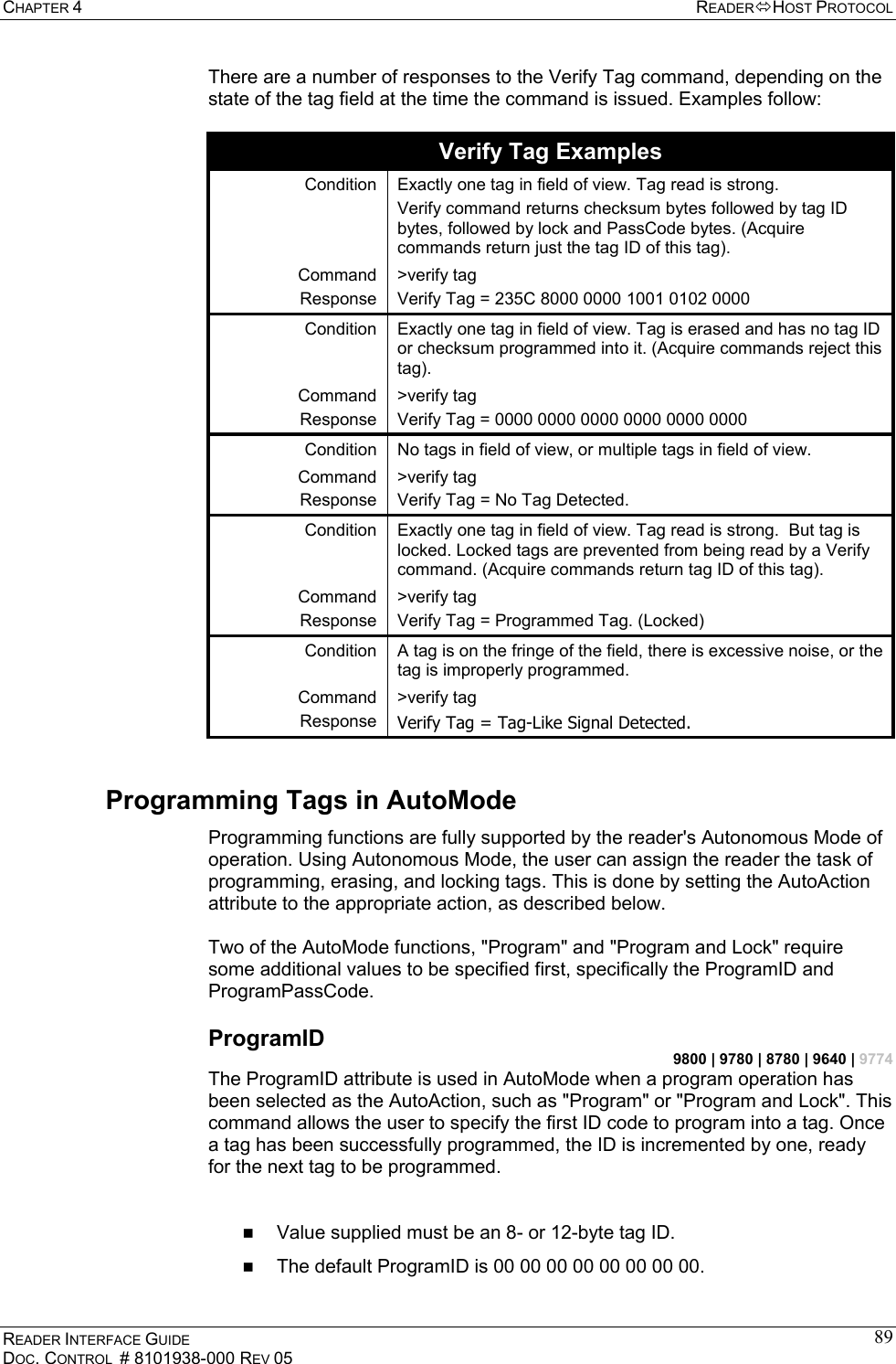 CHAPTER 4  READERHOST PROTOCOL READER INTERFACE GUIDE DOC. CONTROL  # 8101938-000 REV 05 89There are a number of responses to the Verify Tag command, depending on the state of the tag field at the time the command is issued. Examples follow:  Verify Tag Examples Condition  Exactly one tag in field of view. Tag read is strong.  Verify command returns checksum bytes followed by tag ID bytes, followed by lock and PassCode bytes. (Acquire commands return just the tag ID of this tag). Command Response &gt;verify tag Verify Tag = 235C 8000 0000 1001 0102 0000 Condition  Exactly one tag in field of view. Tag is erased and has no tag ID or checksum programmed into it. (Acquire commands reject this tag). Command Response &gt;verify tag Verify Tag = 0000 0000 0000 0000 0000 0000 Condition  No tags in field of view, or multiple tags in field of view. Command Response &gt;verify tag Verify Tag = No Tag Detected. Condition  Exactly one tag in field of view. Tag read is strong.  But tag is locked. Locked tags are prevented from being read by a Verify command. (Acquire commands return tag ID of this tag). Command Response &gt;verify tag Verify Tag = Programmed Tag. (Locked) Condition  A tag is on the fringe of the field, there is excessive noise, or the tag is improperly programmed. Command Response &gt;verify tag Verify Tag = Tag-Like Signal Detected. Programming Tags in AutoMode Programming functions are fully supported by the reader&apos;s Autonomous Mode of operation. Using Autonomous Mode, the user can assign the reader the task of programming, erasing, and locking tags. This is done by setting the AutoAction attribute to the appropriate action, as described below.  Two of the AutoMode functions, &quot;Program&quot; and &quot;Program and Lock&quot; require some additional values to be specified first, specifically the ProgramID and ProgramPassCode. ProgramID 9800 | 9780 | 8780 | 9640 | 9774 The ProgramID attribute is used in AutoMode when a program operation has been selected as the AutoAction, such as &quot;Program&quot; or &quot;Program and Lock&quot;. This command allows the user to specify the first ID code to program into a tag. Once a tag has been successfully programmed, the ID is incremented by one, ready for the next tag to be programmed.     Value supplied must be an 8- or 12-byte tag ID.   The default ProgramID is 00 00 00 00 00 00 00 00. 