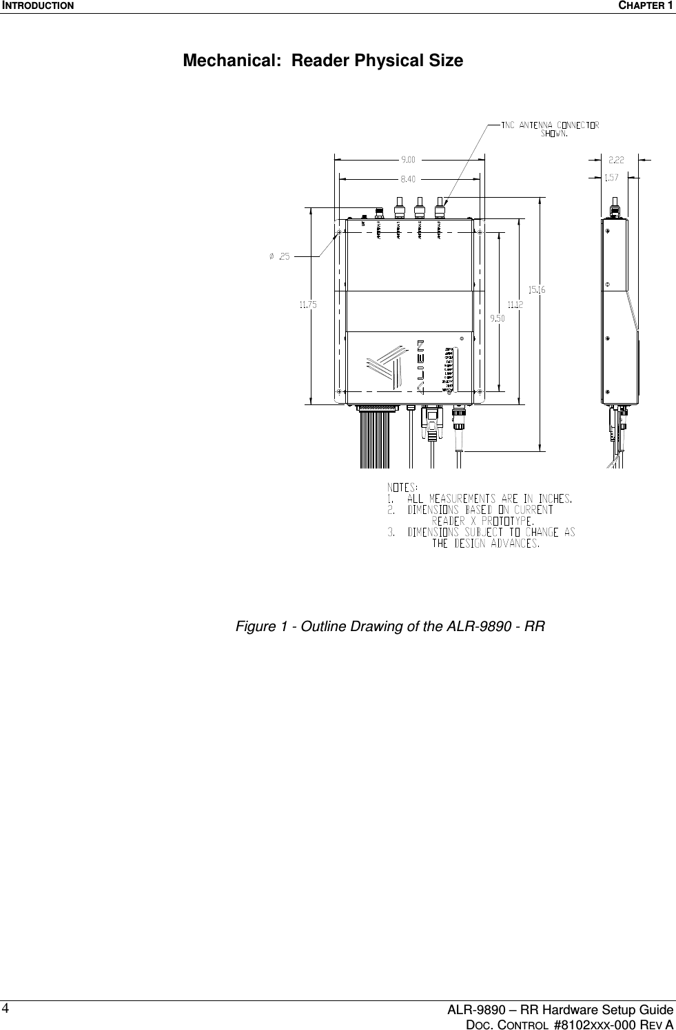 INTRODUCTION  CHAPTER 1      ALR-9890 – RR Hardware Setup Guide     DOC. CONTROL  #8102XXX-000 REV A 4Mechanical:  Reader Physical Size Figure 1 - Outline Drawing of the ALR-9890 - RR 