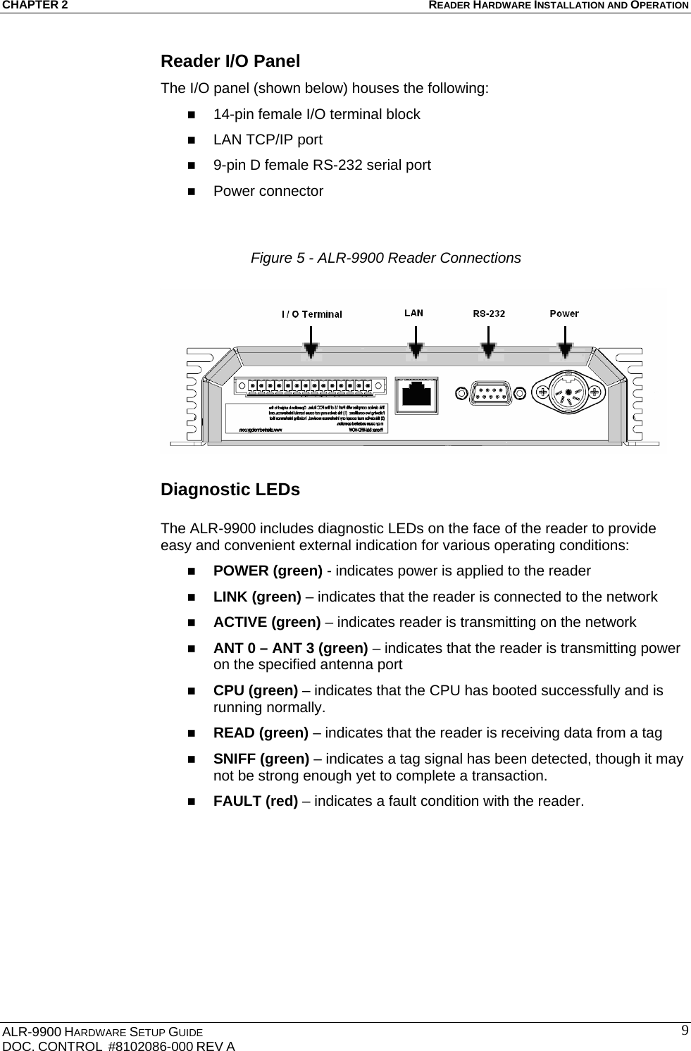 CHAPTER 2 READER HARDWARE INSTALLATION AND OPERATION ALR-9900 HARDWARE SETUP GUIDE DOC. CONTROL  #8102086-000 REV A  9Reader I/O Panel The I/O panel (shown below) houses the following:  14-pin female I/O terminal block  LAN TCP/IP port  9-pin D female RS-232 serial port  Power connector   Diagnostic LEDs   The ALR-9900 includes diagnostic LEDs on the face of the reader to provide easy and convenient external indication for various operating conditions:  POWER (green) - indicates power is applied to the reader  LINK (green) – indicates that the reader is connected to the network  ACTIVE (green) – indicates reader is transmitting on the network  ANT 0 – ANT 3 (green) – indicates that the reader is transmitting power on the specified antenna port  CPU (green) – indicates that the CPU has booted successfully and is running normally.  READ (green) – indicates that the reader is receiving data from a tag  SNIFF (green) – indicates a tag signal has been detected, though it may not be strong enough yet to complete a transaction.  FAULT (red) – indicates a fault condition with the reader. Figure 5 - ALR-9900 Reader Connections 