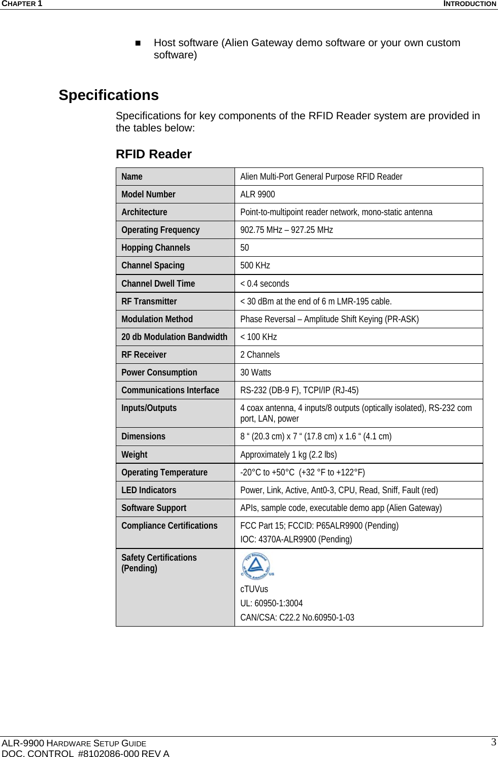 CHAPTER 1  INTRODUCTION ALR-9900 HARDWARE SETUP GUIDE DOC. CONTROL  #8102086-000 REV A  3 Host software (Alien Gateway demo software or your own custom software) Specifications Specifications for key components of the RFID Reader system are provided in the tables below: RFID Reader Name  Alien Multi-Port General Purpose RFID Reader Model Number  ALR 9900 Architecture  Point-to-multipoint reader network, mono-static antenna Operating Frequency  902.75 MHz – 927.25 MHz Hopping Channels  50 Channel Spacing  500 KHz Channel Dwell Time  &lt; 0.4 seconds RF Transmitter  &lt; 30 dBm at the end of 6 m LMR-195 cable. Modulation Method  Phase Reversal – Amplitude Shift Keying (PR-ASK) 20 db Modulation Bandwidth  &lt; 100 KHz RF Receiver  2 Channels Power Consumption  30 Watts  Communications Interface  RS-232 (DB-9 F), TCPI/IP (RJ-45)  Inputs/Outputs  4 coax antenna, 4 inputs/8 outputs (optically isolated), RS-232 com port, LAN, power Dimensions  8 “ (20.3 cm) x 7 “ (17.8 cm) x 1.6 “ (4.1 cm) Weight  Approximately 1 kg (2.2 lbs) Operating Temperature  -20°C to +50°C  (+32 °F to +122°F) LED Indicators  Power, Link, Active, Ant0-3, CPU, Read, Sniff, Fault (red) Software Support  APIs, sample code, executable demo app (Alien Gateway) Compliance Certifications  FCC Part 15; FCCID: P65ALR9900 (Pending) IOC: 4370A-ALR9900 (Pending) Safety Certifications (Pending)    cTUVus   UL: 60950-1:3004 CAN/CSA: C22.2 No.60950-1-03  