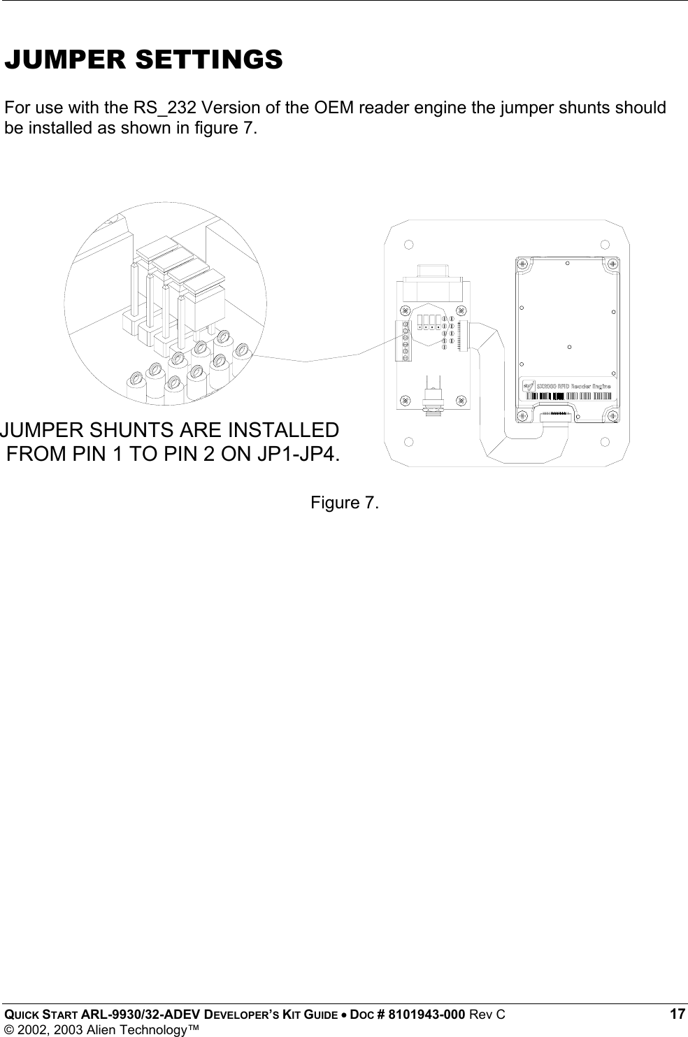  QUICK START ARL-9930/32-ADEV DEVELOPER’S KIT GUIDE • DOC # 8101943-000 Rev C 17 © 2002, 2003 Alien Technology™ JUMPER SHUNTS ARE INSTALLEDFROM PIN 1 TO PIN 2 ON JP1-JP4.JUMPER SETTINGS   For use with the RS_232 Version of the OEM reader engine the jumper shunts should be installed as shown in figure 7.             Figure 7.   