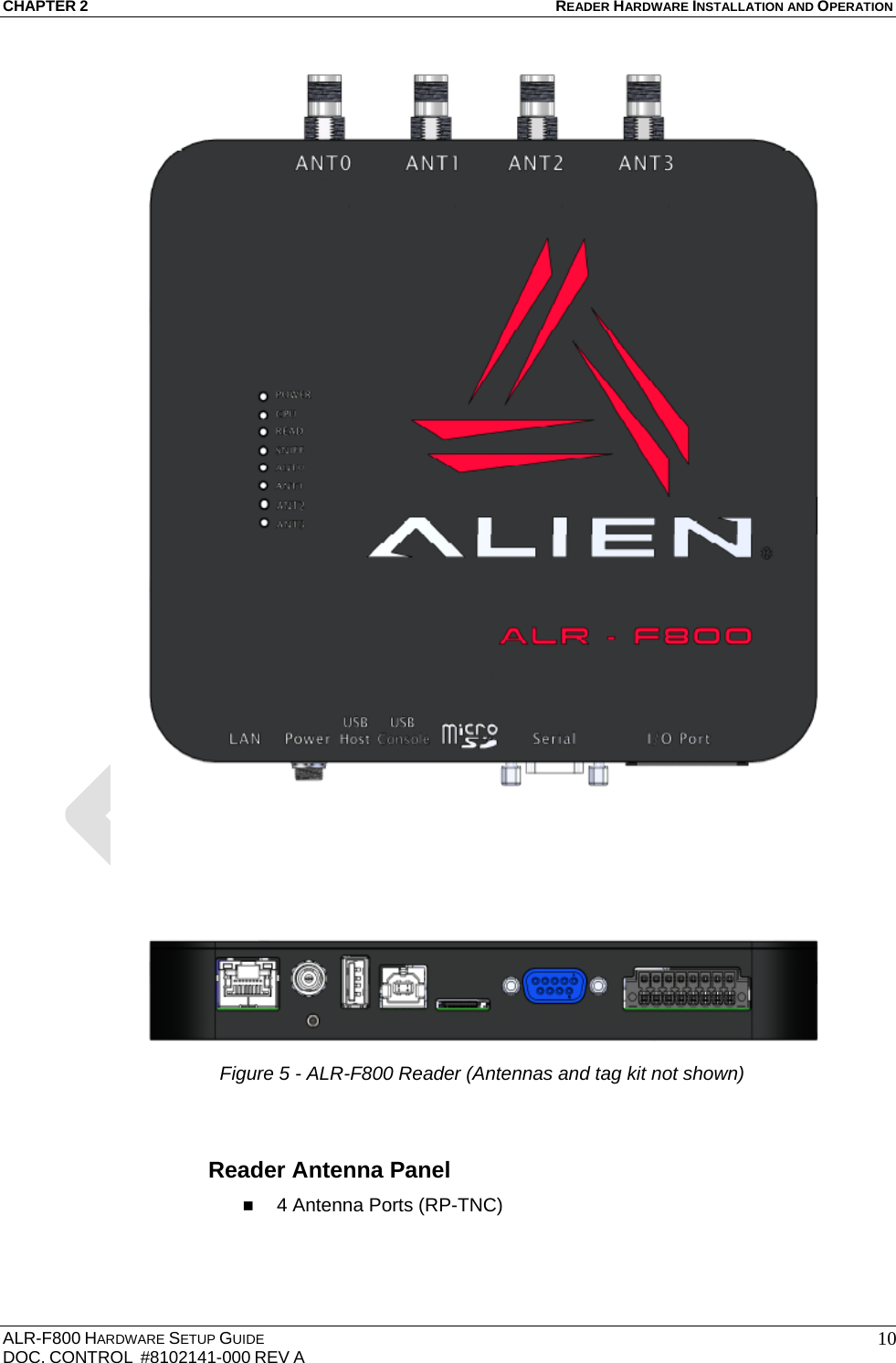 CHAPTER 2 READER HARDWARE INSTALLATION AND OPERATION ALR-F800 HARDWARE SETUP GUIDE  DOC. CONTROL  #8102141-000 REV A   10  Figure 5 - ALR-F800 Reader (Antennas and tag kit not shown)   Reader Antenna Panel  4 Antenna Ports (RP-TNC)  