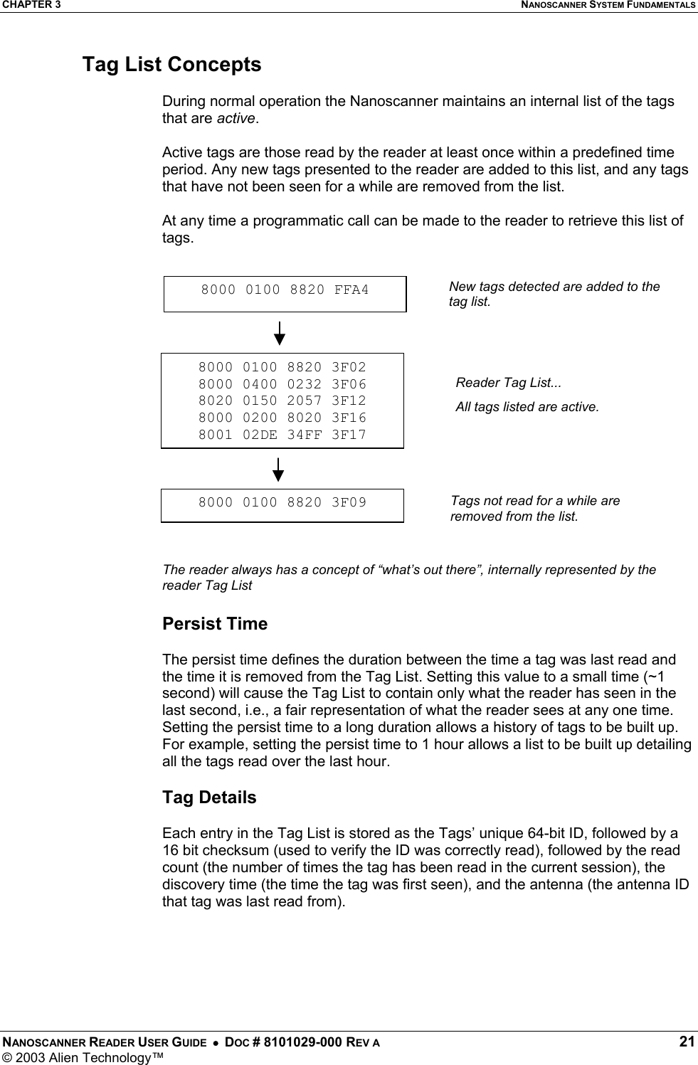 CHAPTER 3  NANOSCANNER SYSTEM FUNDAMENTALS NANOSCANNER READER USER GUIDE  •  DOC # 8101029-000 REV A  21 © 2003 Alien Technology™  Tag List Concepts  During normal operation the Nanoscanner maintains an internal list of the tags that are active.   Active tags are those read by the reader at least once within a predefined time period. Any new tags presented to the reader are added to this list, and any tags that have not been seen for a while are removed from the list.   At any time a programmatic call can be made to the reader to retrieve this list of tags.    The reader always has a concept of “what’s out there”, internally represented by the reader Tag List  Persist Time  The persist time defines the duration between the time a tag was last read and the time it is removed from the Tag List. Setting this value to a small time (~1 second) will cause the Tag List to contain only what the reader has seen in the last second, i.e., a fair representation of what the reader sees at any one time. Setting the persist time to a long duration allows a history of tags to be built up. For example, setting the persist time to 1 hour allows a list to be built up detailing all the tags read over the last hour.   Tag Details  Each entry in the Tag List is stored as the Tags’ unique 64-bit ID, followed by a 16 bit checksum (used to verify the ID was correctly read), followed by the read count (the number of times the tag has been read in the current session), the discovery time (the time the tag was first seen), and the antenna (the antenna ID that tag was last read from).  8000 0100 8820 FFA48000 0100 8820 3F02 8000 0400 0232 3F06 8020 0150 2057 3F12 8000 0200 8020 3F16 8001 02DE 34FF 3F178000 0100 8820 3F09New tags detected are added to the tag list.Reader Tag List... All tags listed are active. Tags not read for a while are removed from the list. 