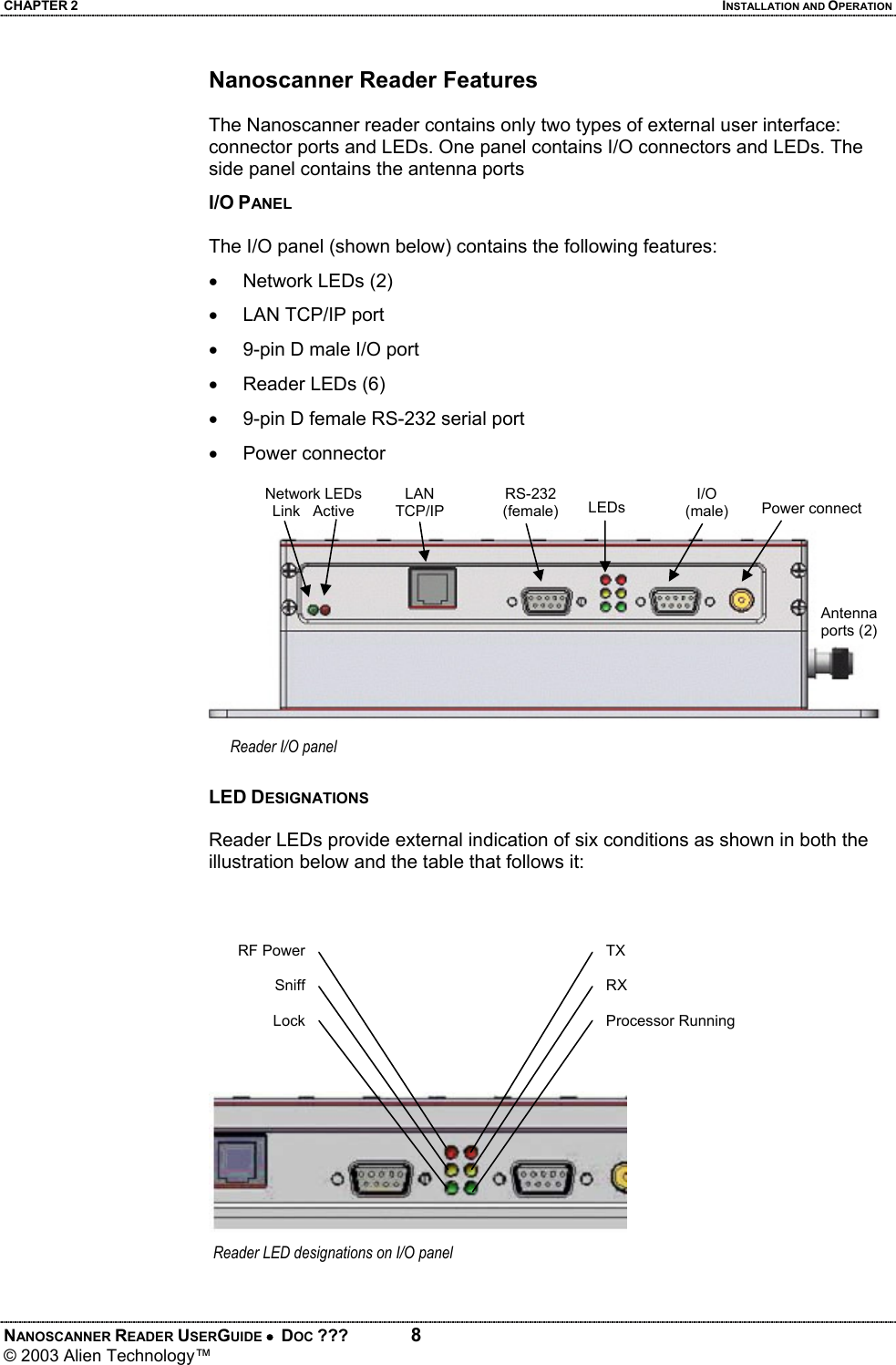 CHAPTER 2  INSTALLATION AND OPERATION NANOSCANNER READER USERGUIDE •  DOC ???  8 © 2003 Alien Technology™  Nanoscanner Reader Features  The Nanoscanner reader contains only two types of external user interface: connector ports and LEDs. One panel contains I/O connectors and LEDs. The side panel contains the antenna ports I/O PANEL  The I/O panel (shown below) contains the following features: •  Network LEDs (2)  •  LAN TCP/IP port •  9-pin D male I/O port •  Reader LEDs (6)  •  9-pin D female RS-232 serial port • Power connector        LED DESIGNATIONS  Reader LEDs provide external indication of six conditions as shown in both the illustration below and the table that follows it:              Reader I/O panel Power connectI/O (male) LEDs RS-232(female)LAN TCP/IP Network LEDsLink   Active Antenna ports (2) RF Power  Sniff  Lock  TX  RX  Processor Running  Reader LED designations on I/O panel