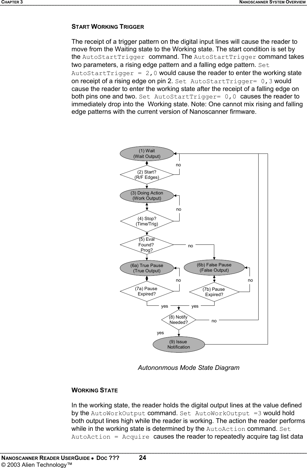 CHAPTER 3  NANOSCANNER SYSTEM OVERVIEW NANOSCANNER READER USERGUIDE •  DOC ???  24 © 2003 Alien Technology™  START WORKING TRIGGER  The receipt of a trigger pattern on the digital input lines will cause the reader to move from the Waiting state to the Working state. The start condition is set by the AutoStartTrigger command. The AutoStartTrigger command takes two parameters, a rising edge pattern and a falling edge pattern. Set AutoStartTrigger = 2,0 would cause the reader to enter the working state on receipt of a rising edge on pin 2. Set AutoStartTrigger= 0,3 would cause the reader to enter the working state after the receipt of a falling edge on both pins one and two. Set AutoStartTrigger= 0,0 causes the reader to immediately drop into the  Working state. Note: One cannot mix rising and falling edge patterns with the current version of Nanoscanner firmware.    Autononmous Mode State Diagram   WORKING STATE  In the working state, the reader holds the digital output lines at the value defined by the AutoWorkOutput command. Set AutoWorkOutput =3 would hold both output lines high while the reader is working. The action the reader performs while in the working state is determined by the AutoAction command. Set AutoAction = Acquire causes the reader to repeatedly acquire tag list data (1) Wait(Wait Output)(2) Start?(R/F Edges)(3) Doing Action(Work Output)(4) Stop?(Time/Trig)(5) EvalFound? Prog?(6a) True Pause(True Output)(6b) False Pause(False Output)no(7a) Pause Expired?(7b) Pause Expired?yes(8) Notify Needed?(9) Issue Notificationnoyesyesnononono