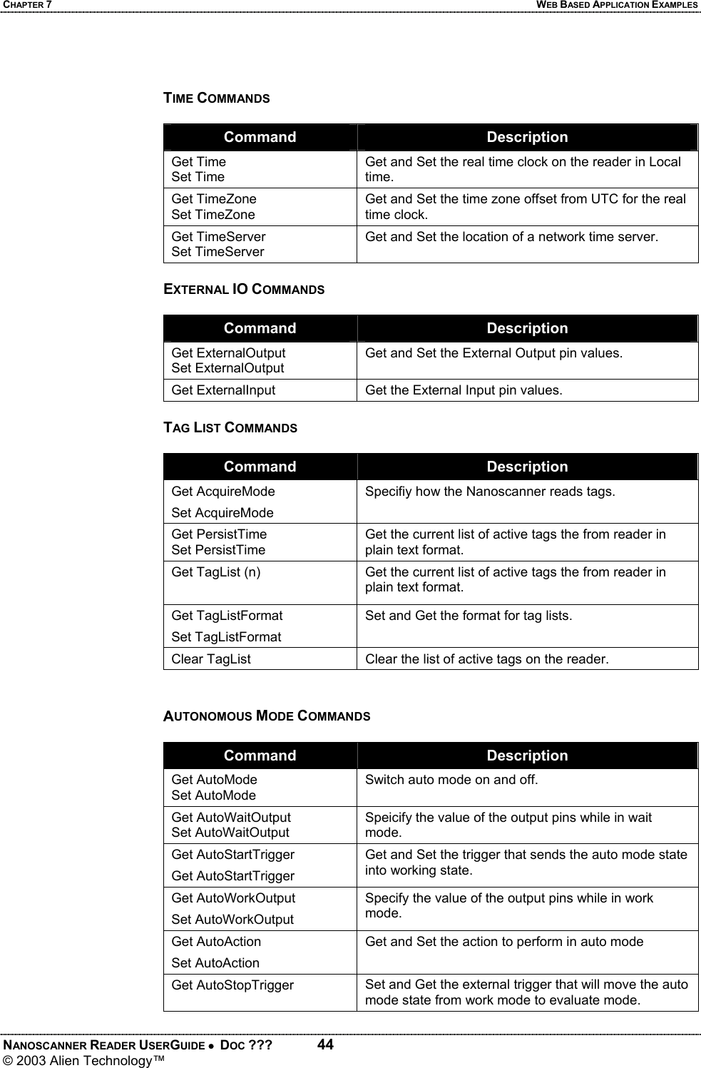 CHAPTER 7  WEB BASED APPLICATION EXAMPLES NANOSCANNER READER USERGUIDE •  DOC ???  44 © 2003 Alien Technology™    TIME COMMANDS  Command  Description Get Time Set Time Get and Set the real time clock on the reader in Local time. Get TimeZone Set TimeZone Get and Set the time zone offset from UTC for the real time clock. Get TimeServer Set TimeServer Get and Set the location of a network time server.  EXTERNAL IO COMMANDS  Command  Description Get ExternalOutput Set ExternalOutput Get and Set the External Output pin values. Get ExternalInput  Get the External Input pin values.  TAG LIST COMMANDS  Command  Description Get AcquireMode Set AcquireMode Specifiy how the Nanoscanner reads tags. Get PersistTime Set PersistTime Get the current list of active tags the from reader in plain text format. Get TagList (n)  Get the current list of active tags the from reader in plain text format. Get TagListFormat Set TagListFormat Set and Get the format for tag lists. Clear TagList  Clear the list of active tags on the reader.   AUTONOMOUS MODE COMMANDS  Command  Description Get AutoMode Set AutoMode Switch auto mode on and off. Get AutoWaitOutput Set AutoWaitOutput Speicify the value of the output pins while in wait mode. Get AutoStartTrigger Get AutoStartTrigger Get and Set the trigger that sends the auto mode state into working state.  Get AutoWorkOutput Set AutoWorkOutput Specify the value of the output pins while in work mode. Get AutoAction Set AutoAction Get and Set the action to perform in auto mode Get AutoStopTrigger  Set and Get the external trigger that will move the auto mode state from work mode to evaluate mode.