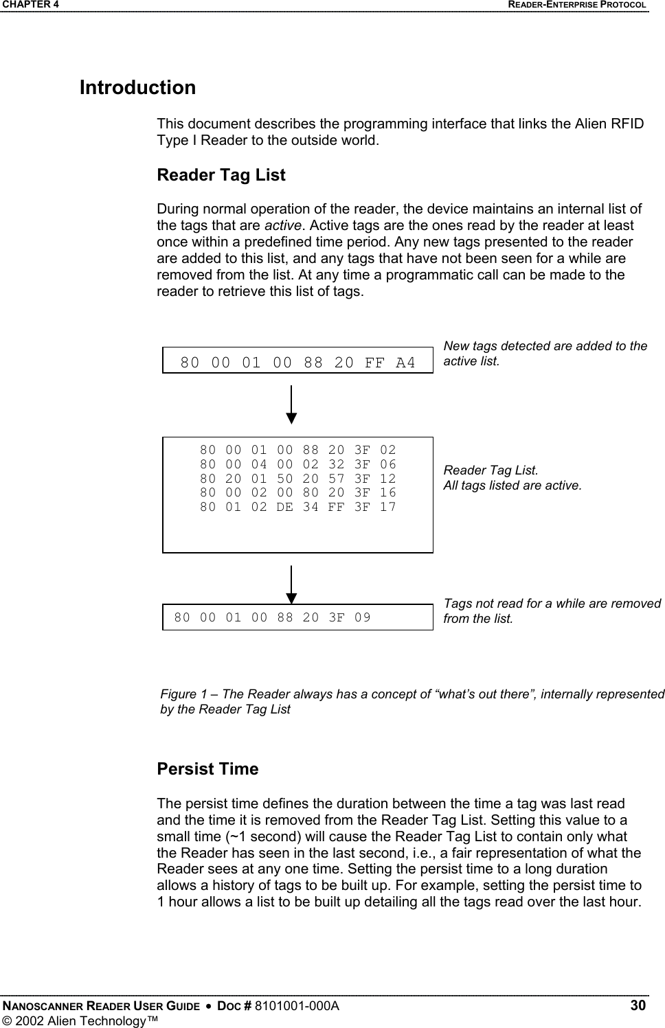 CHAPTER 4    READER-ENTERPRISE PROTOCOL Introduction  This document describes the programming interface that links the Alien RFID Type I Reader to the outside world.  Reader Tag List  During normal operation of the reader, the device maintains an internal list of the tags that are active. Active tags are the ones read by the reader at least once within a predefined time period. Any new tags presented to the reader are added to this list, and any tags that have not been seen for a while are removed from the list. At any time a programmatic call can be made to the reader to retrieve this list of tags.   New tags detected are added to the active list.  80 00 01 00 88 20 FF A480 00 01 00 88 20 3F 0280 00 04 00 02 32 3F 0680 20 01 50 20 57 3F 1280 00 02 00 80 20 3F 1680 01 02 DE 34 FF 3F 17Reader Tag List. All tags listed are active.  NANOSCANNER READER USER GUIDE  •  DOC # 8101001-000A   30 © 2002 Alien Technology™  Persist Time  The persist time defines the duration between the time a tag was last read and the time it is removed from the Reader Tag List. Setting this value to a small time (~1 second) will cause the Reader Tag List to contain only what the Reader has seen in the last second, i.e., a fair representation of what the Reader sees at any one time. Setting the persist time to a long duration allows a history of tags to be built up. For example, setting the persist time to 1 hour allows a list to be built up detailing all the tags read over the last hour.   Tags not read for a while are removed from the list.  80 00 01 00 88 20 3F 09Figure 1 – The Reader always has a concept of “what’s out there”, internally represented by the Reader Tag List 