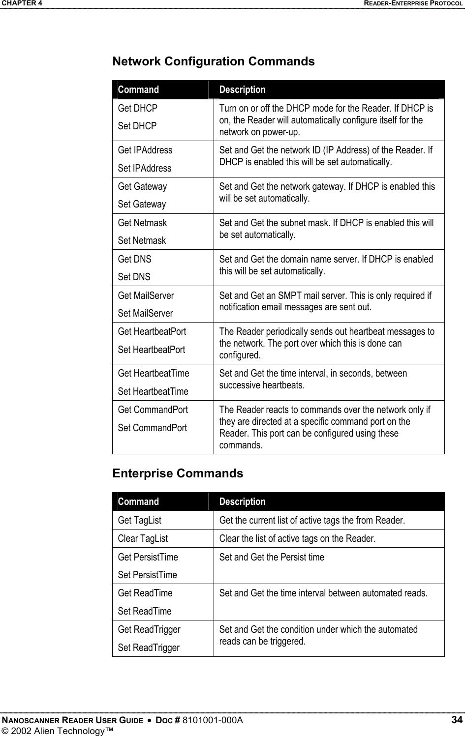 CHAPTER 4    READER-ENTERPRISE PROTOCOL Network Configuration Commands  Command  Description Get DHCP Set DHCP Turn on or off the DHCP mode for the Reader. If DHCP is on, the Reader will automatically configure itself for the network on power-up. Get IPAddress Set IPAddress Set and Get the network ID (IP Address) of the Reader. If DHCP is enabled this will be set automatically. Get Gateway Set Gateway Set and Get the network gateway. If DHCP is enabled this will be set automatically. Get Netmask Set Netmask Set and Get the subnet mask. If DHCP is enabled this will be set automatically. Get DNS  Set DNS Set and Get the domain name server. If DHCP is enabled this will be set automatically. Get MailServer Set MailServer Set and Get an SMPT mail server. This is only required if notification email messages are sent out. Get HeartbeatPort Set HeartbeatPort The Reader periodically sends out heartbeat messages to the network. The port over which this is done can configured. Get HeartbeatTime Set HeartbeatTime Set and Get the time interval, in seconds, between successive heartbeats. Get CommandPort Set CommandPort The Reader reacts to commands over the network only if they are directed at a specific command port on the Reader. This port can be configured using these commands.  Enterprise Commands  Command  Description Get TagList  Get the current list of active tags the from Reader. Clear TagList  Clear the list of active tags on the Reader. Get PersistTime Set PersistTime Set and Get the Persist time Get ReadTime Set ReadTime Set and Get the time interval between automated reads. Get ReadTrigger Set ReadTrigger Set and Get the condition under which the automated reads can be triggered.  NANOSCANNER READER USER GUIDE  •  DOC # 8101001-000A   34 © 2002 Alien Technology™  
