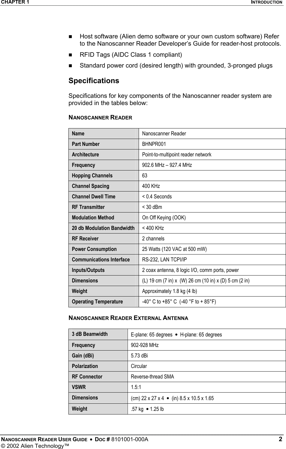 CHAPTER 1    INTRODUCTION   Host software (Alien demo software or your own custom software) Refer to the Nanoscanner Reader Developer’s Guide for reader-host protocols.   RFID Tags (AIDC Class 1 compliant)   Standard power cord (desired length) with grounded, 3-pronged plugs  Specifications  Specifications for key components of the Nanoscanner reader system are provided in the tables below:  NANOSCANNER READER  Name  Nanoscanner Reader  Part Number  BHNPR001 Architecture  Point-to-multipoint reader network Frequency  902.6 MHz – 927.4 MHz Hopping Channels  63 Channel Spacing  400 KHz Channel Dwell Time  &lt; 0.4 Seconds RF Transmitter  &lt; 30 dBm Modulation Method  On Off Keying (OOK) 20 db Modulation Bandwidth  &lt; 400 KHz RF Receiver  2 channels Power Consumption  25 Watts (120 VAC at 500 mW)    Communications Interface  RS-232, LAN TCPI/IP  Inputs/Outputs  2 coax antenna, 8 logic I/O, comm ports, power Dimensions  (L) 19 cm (7 in) x  (W) 26 cm (10 in) x (D) 5 cm (2 in) Weight  Approximately 1.8 kg (4 lb) Operating Temperature  -40° C to +85° C  (-40 °F to + 85°F)  NANOSCANNER READER EXTERNAL ANTENNA   3 dB Beamwidth  E-plane: 65 degrees  •  H-plane: 65 degrees Frequency  902-928 MHz Gain (dBi)  5.73 dBi Polarization  Circular RF Connector  Reverse-thread SMA VSWR  1.5:1 Dimensions  (cm) 22 x 27 x 4  •  (in) 8.5 x 10.5 x 1.65  Weight  .57 kg  • 1.25 lb  NANOSCANNER READER USER GUIDE  •  DOC # 8101001-000A   2 © 2002 Alien Technology™  